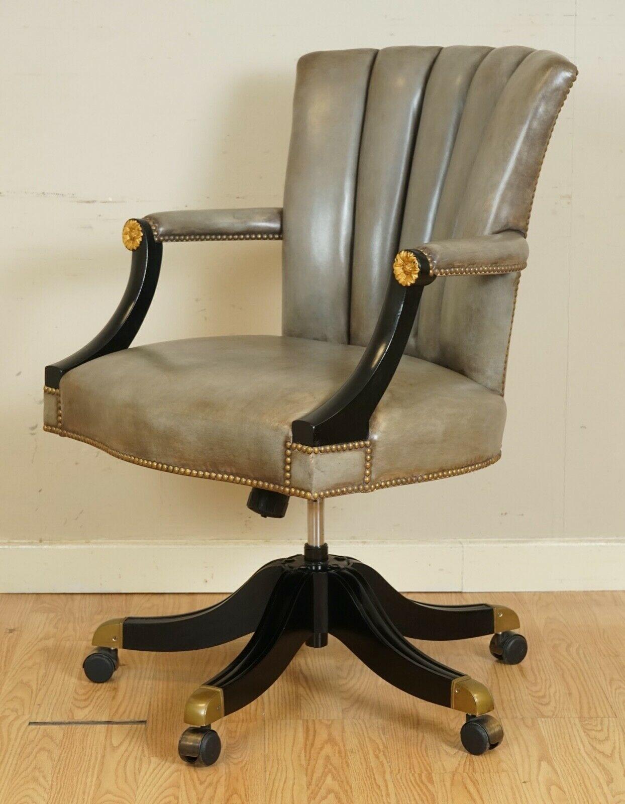 Vintage Art Deco Shell Back Grey Leather Lacquered Frame Swivel Chair 1 of 2 8