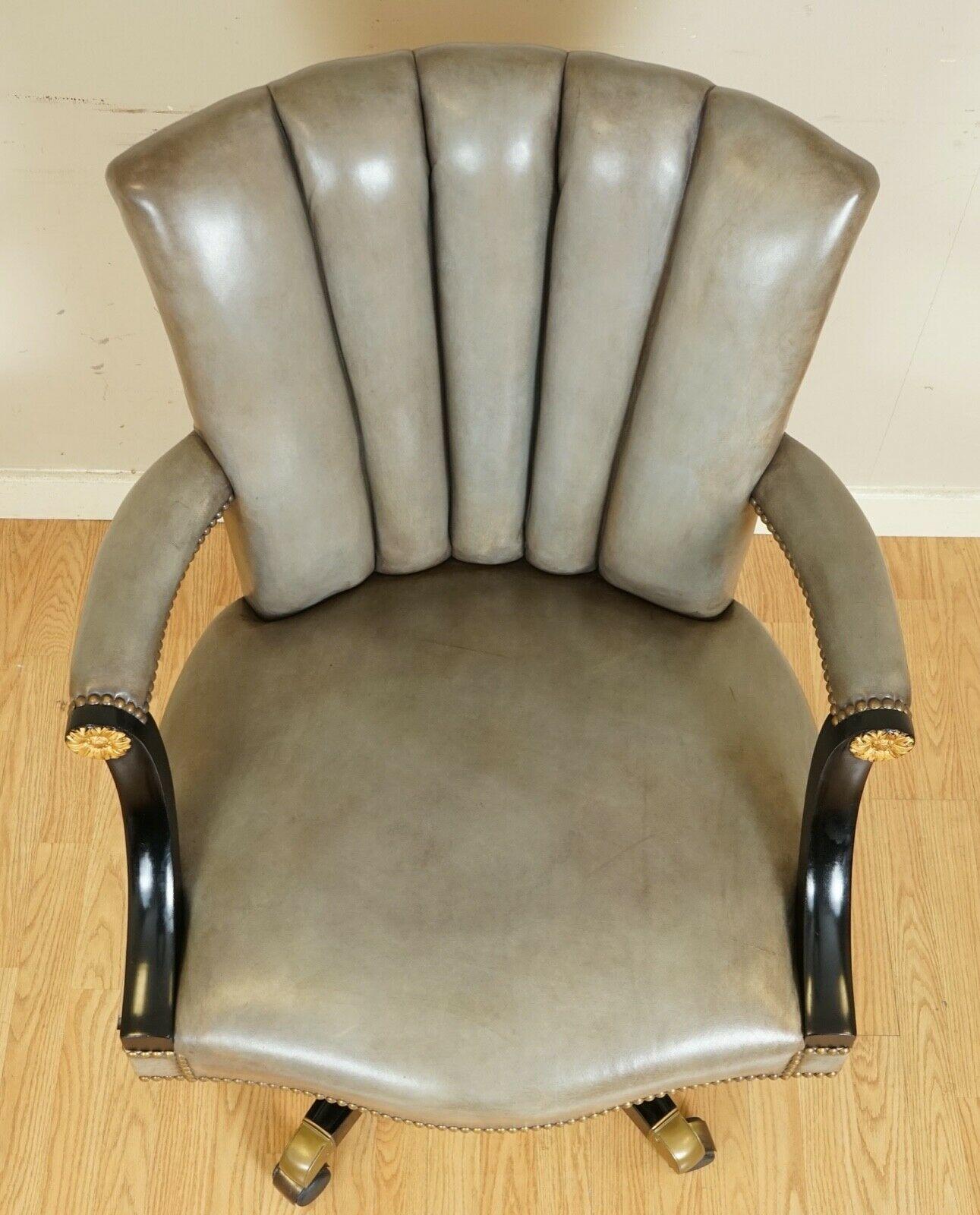 Vintage Art Deco Shell Back Grey Leather Lacquered Frame Swivel Chair 1 of 2 11