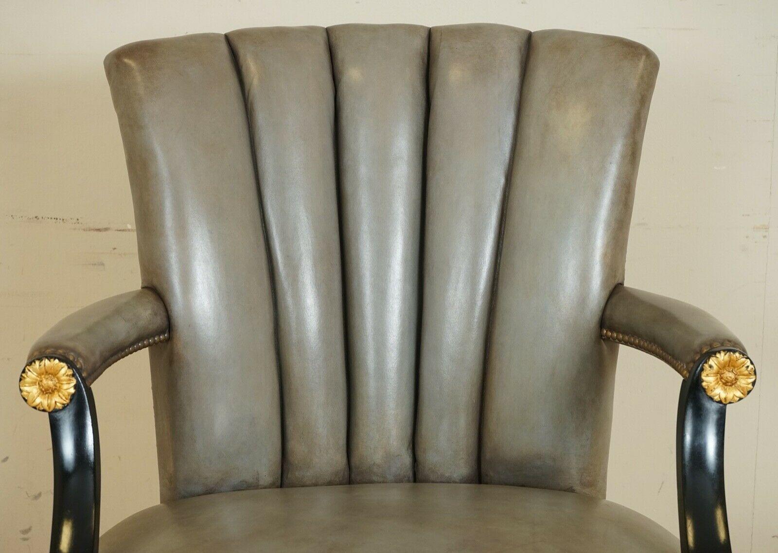 Vintage Art Deco Shell Back Grey Leather Lacquered Frame Swivel Chair 1 of 2 12