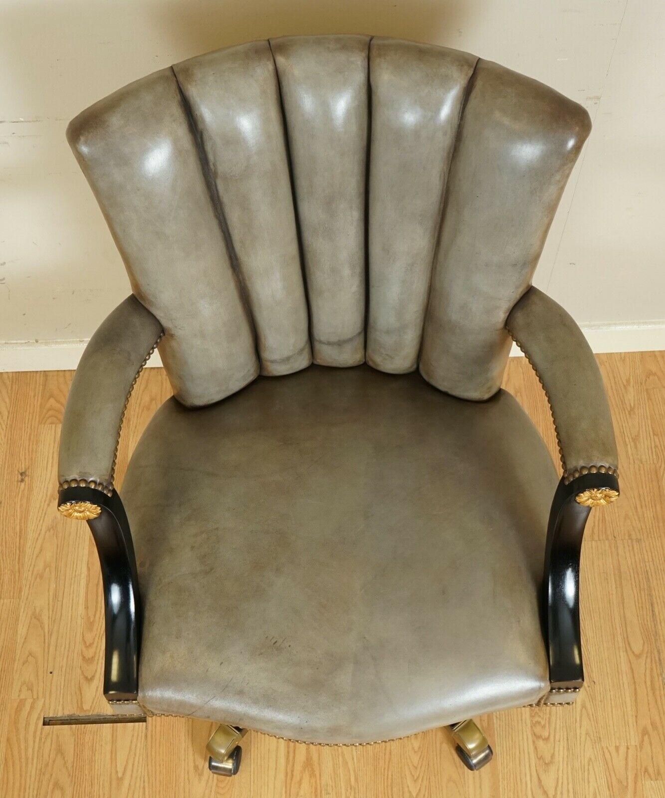 Hand-Crafted Vintage Art Deco Shell Back Grey Leather Lacquered Frame Swivel Chair 1 of 2
