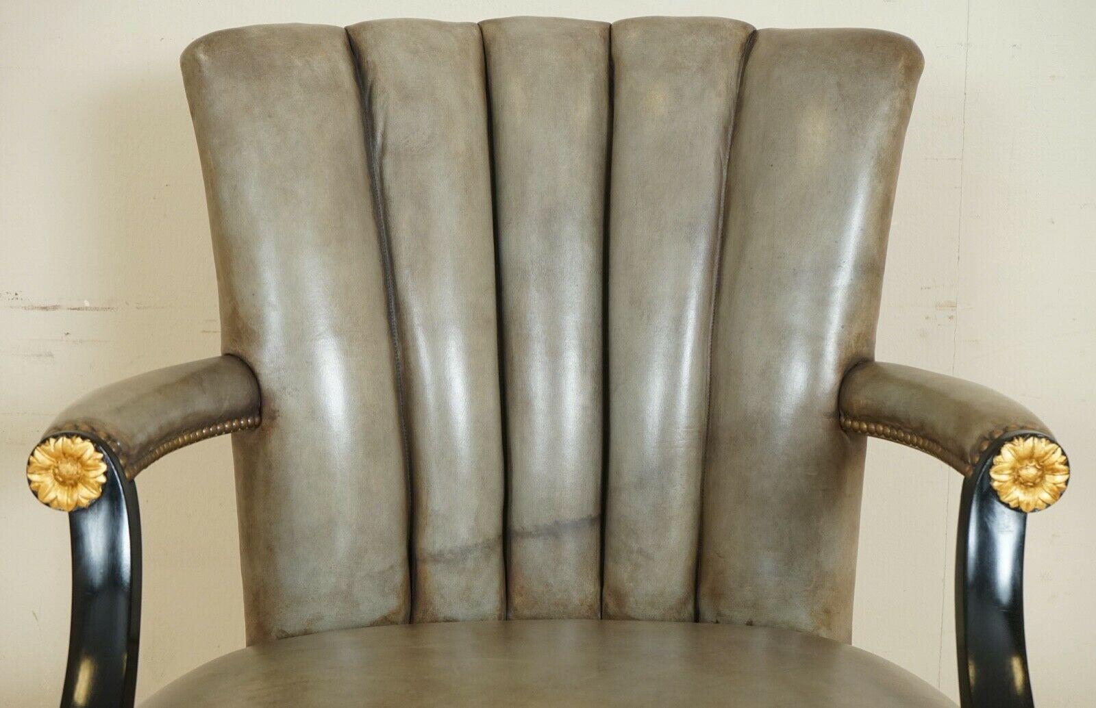 20th Century Vintage Art Deco Shell Back Grey Leather Lacquered Frame Swivel Chair 1 of 2