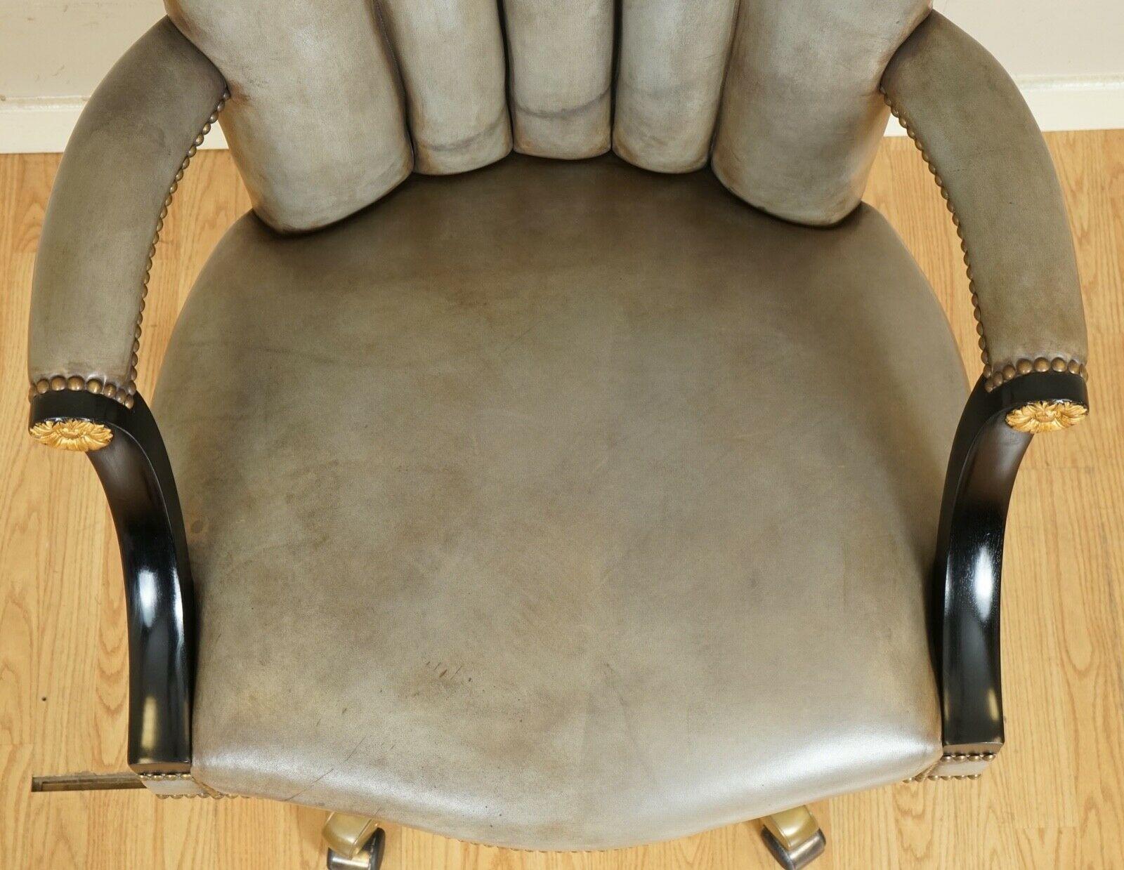 Vintage Art Deco Shell Back Grey Leather Lacquered Frame Swivel Chair 1 of 2 1