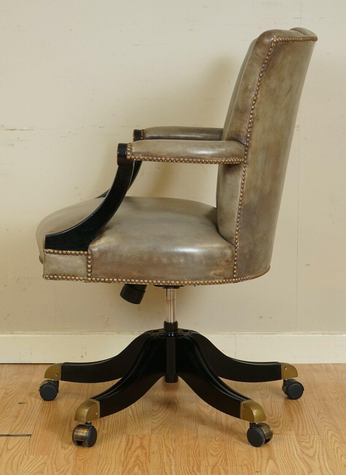 Vintage Art Deco Shell Back Grey Leather Lacquered Frame Swivel Chair 1 of 2 3