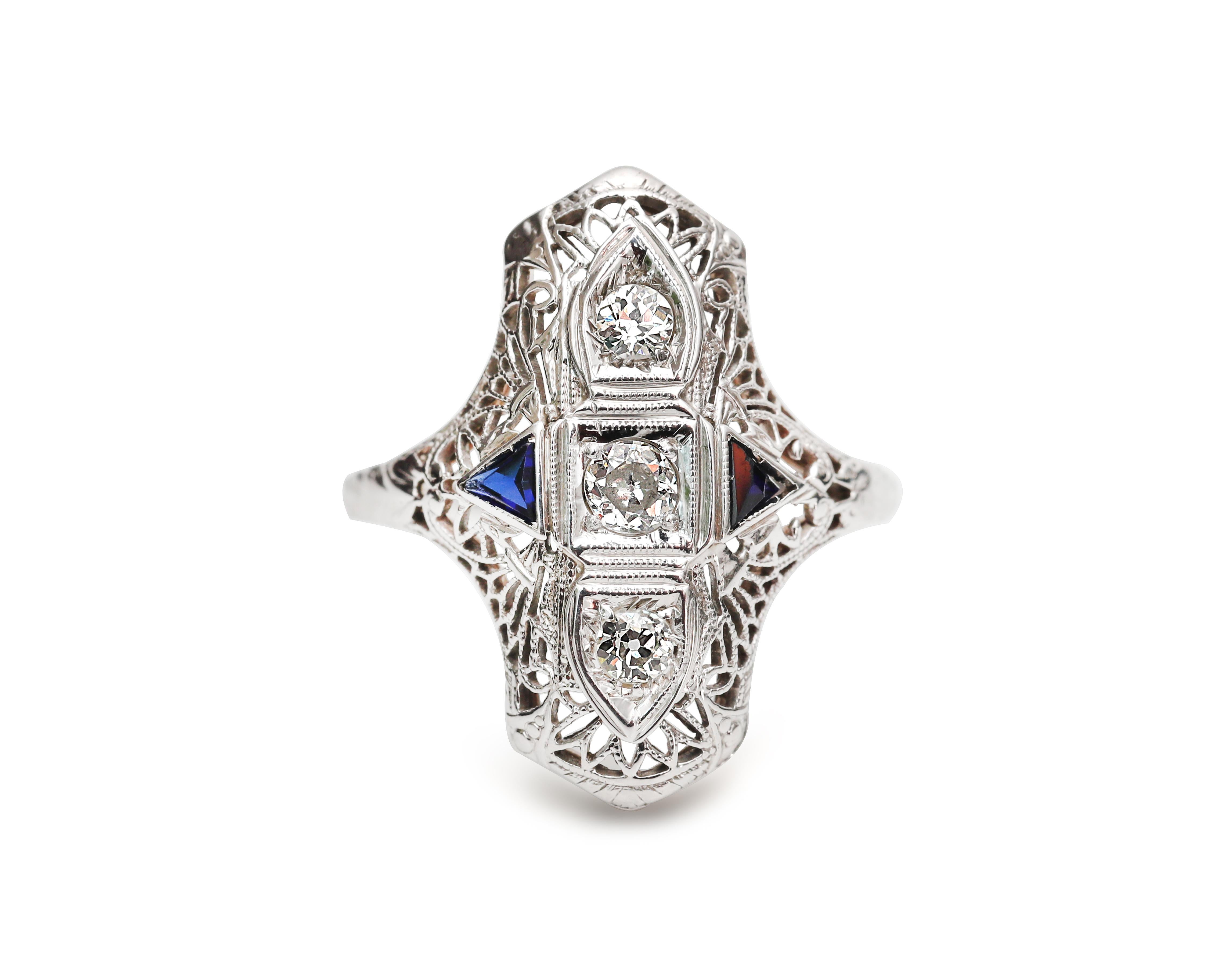 Women's Vintage Art Deco Shield Cocktail Ring 14 Karat Gold with Diamond and Sapphire