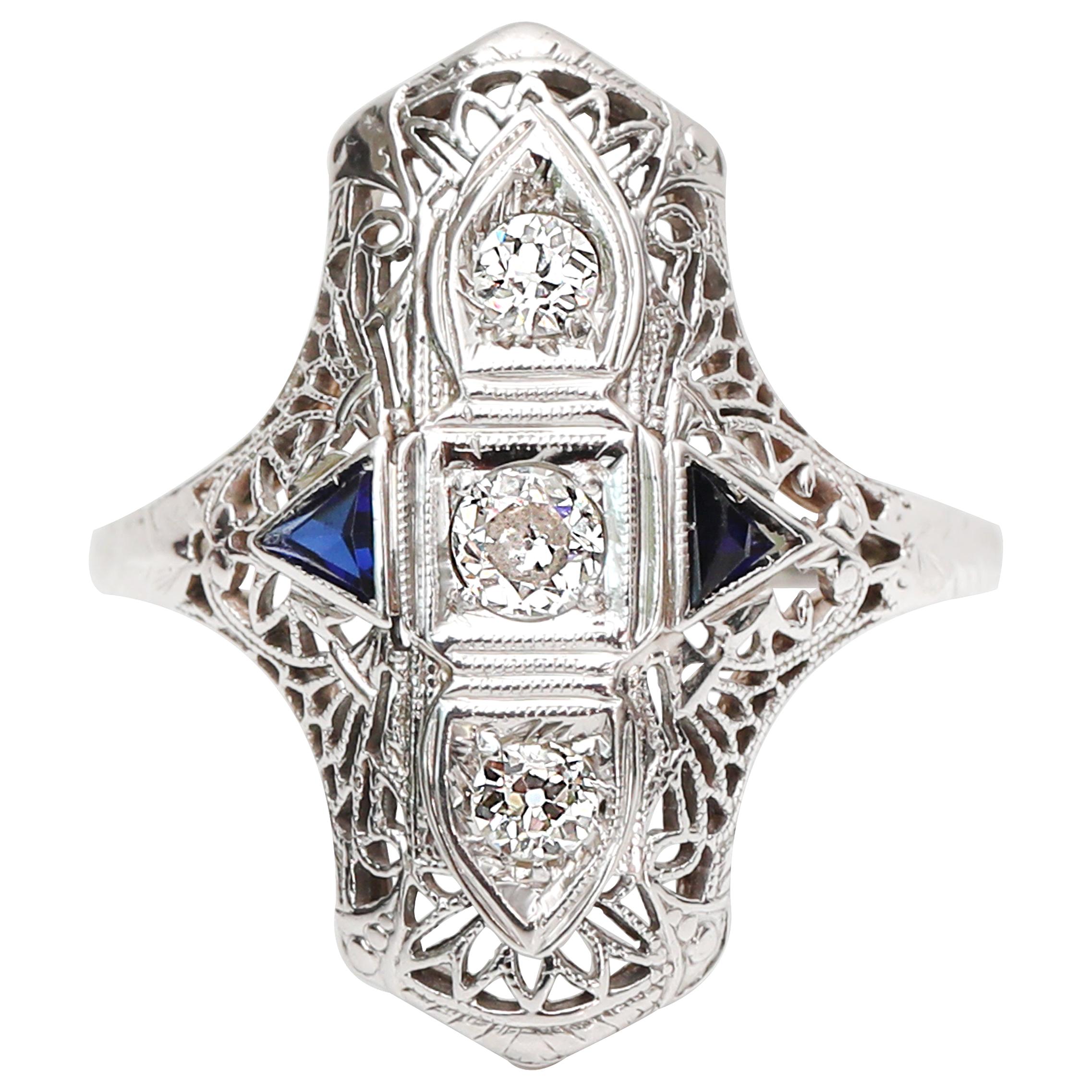 Vintage Art Deco Shield Cocktail Ring 14 Karat Gold with Diamond and Sapphire