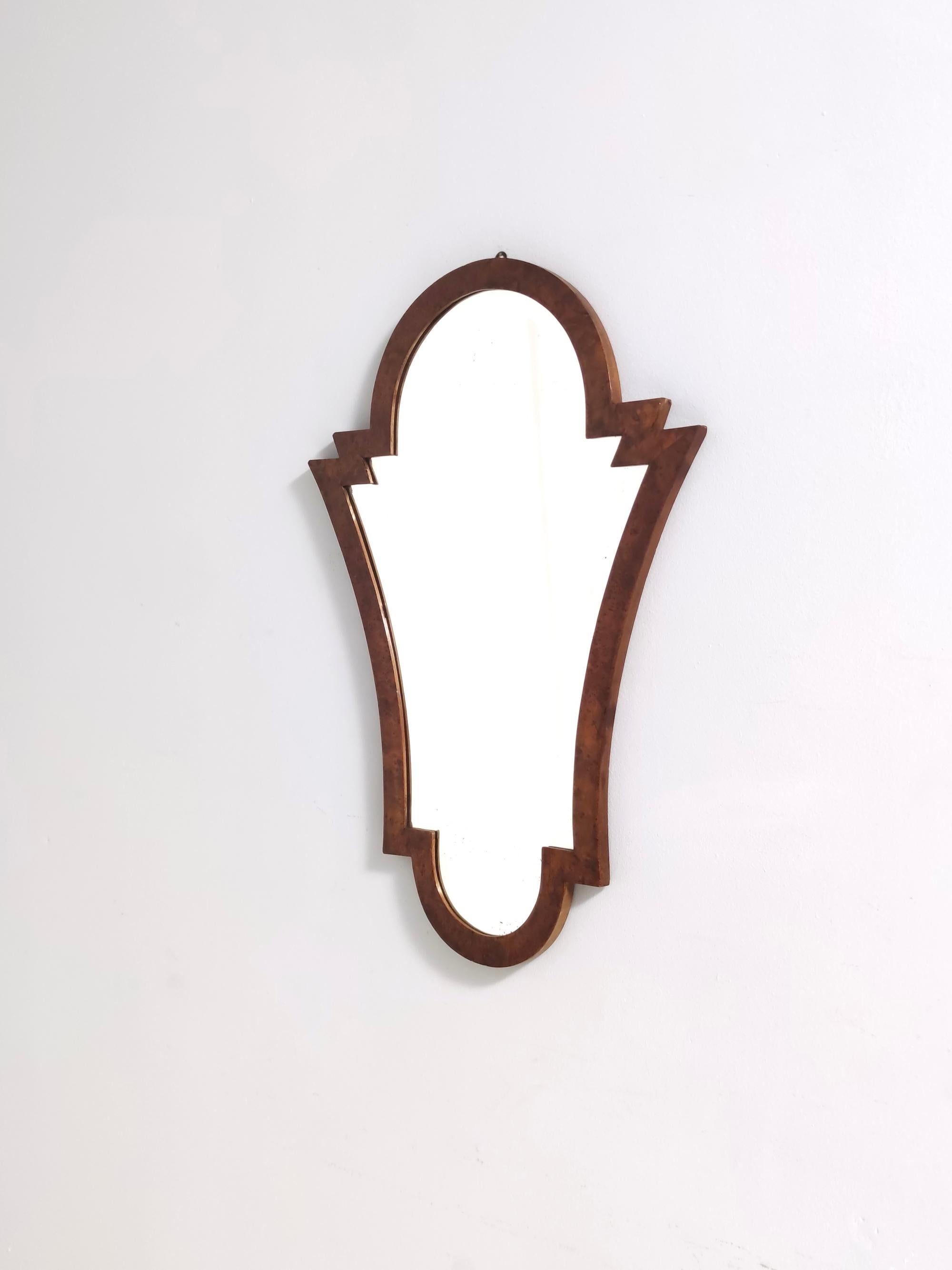Italian Vintage Art Deco Shield Shaped Beveled Wall Mirror with Walnut Frame, Italy For Sale