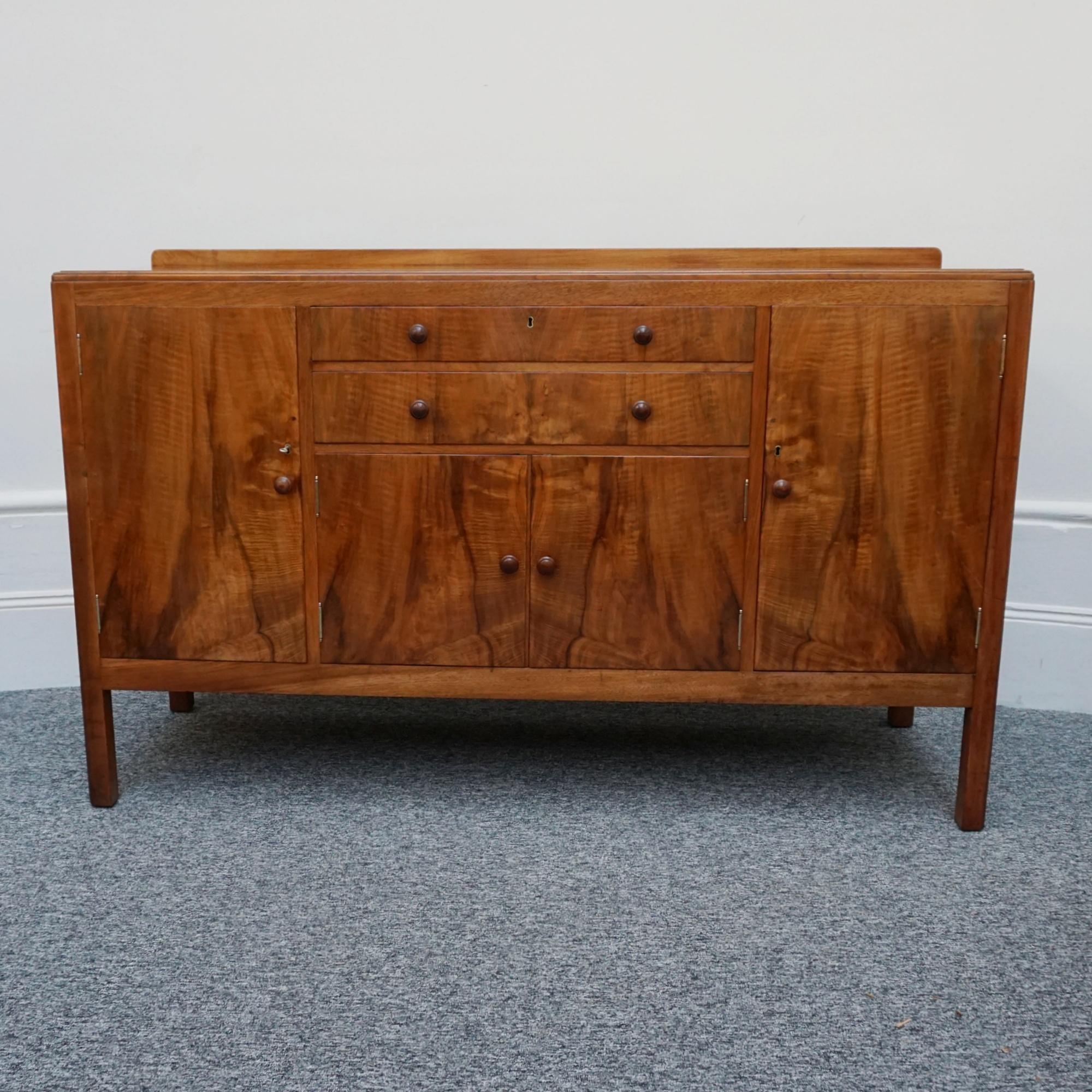 English Vintage Art Deco Sideboard by Heal's of London Burr and Figured Walnut
