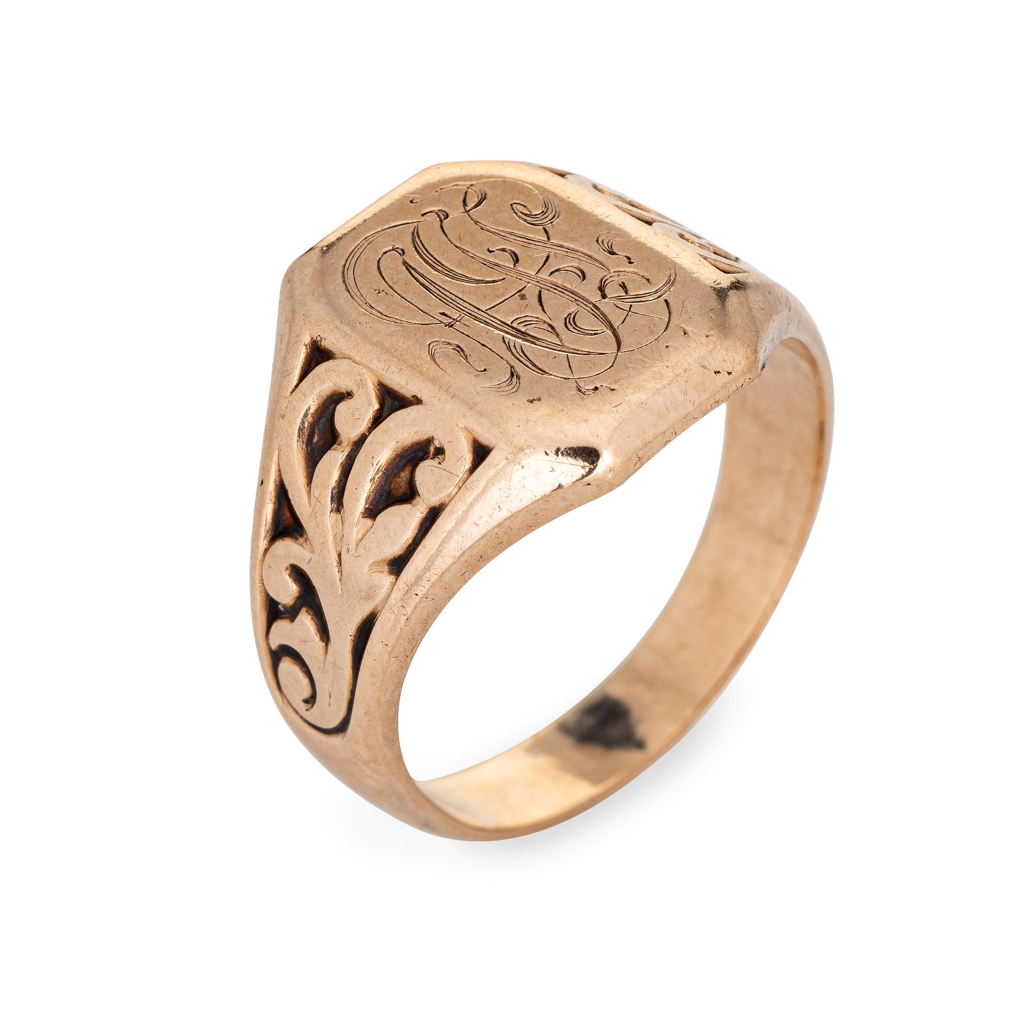 Finely detailed vintage Art Deco era square signet ring (circa 1920s to 1930s), crafted in 10 karat rose gold. 

The square signet is engraved with the initials (from what we can decipher) 