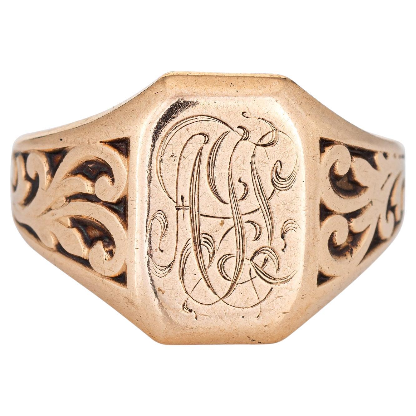 Vintage Art Deco Signet Ring Square 10k Rose Gold Sz 8.25 Fine Jewelry For Sale