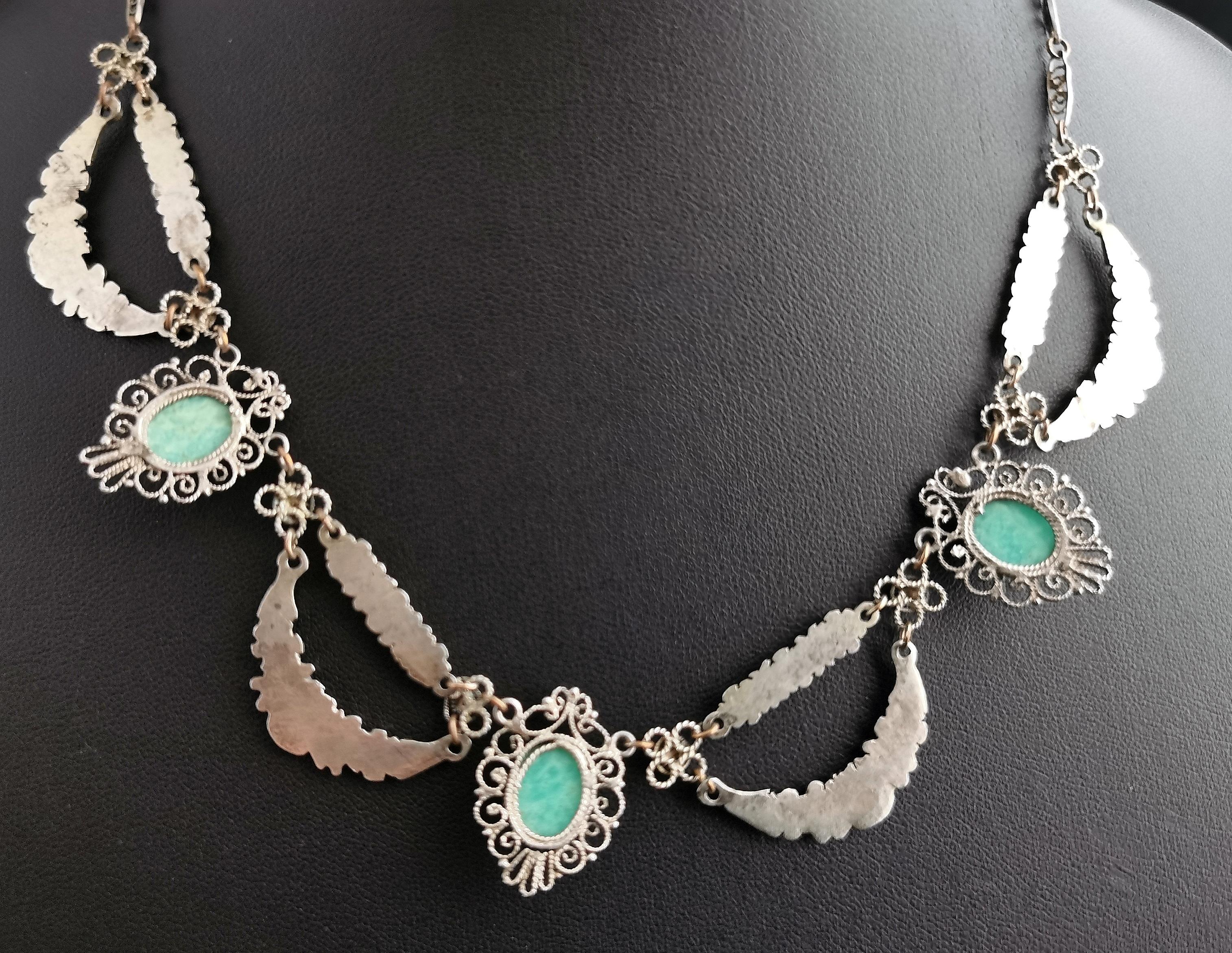 Vintage Art Deco Silver and Amazonite Festoon Necklace 7