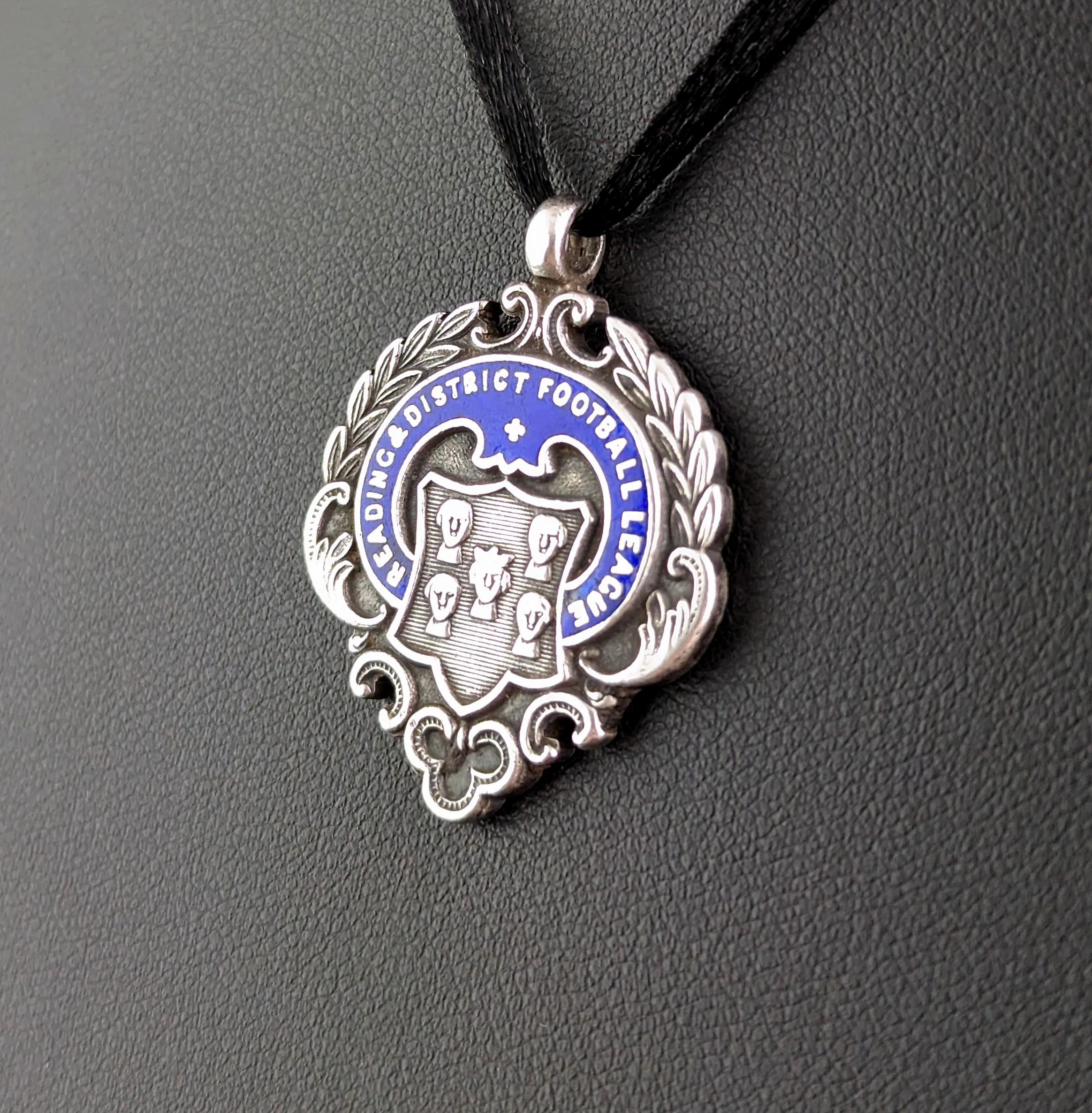 Vintage Art Deco silver and blue enamel watch fob pendant, Football  In Good Condition In NEWARK, GB