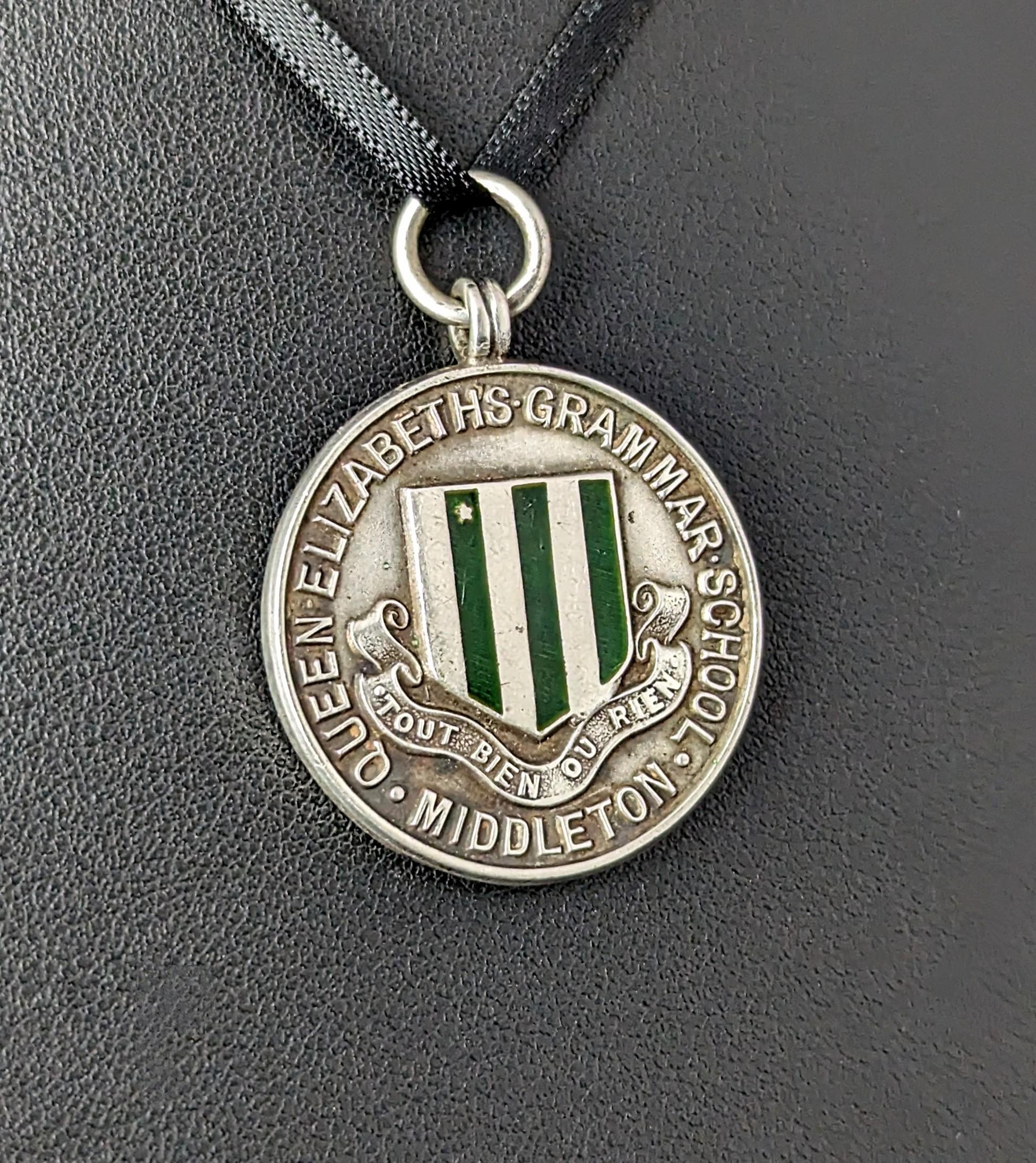 Vintage Art Deco silver and enamel fob pendant, School sports 8