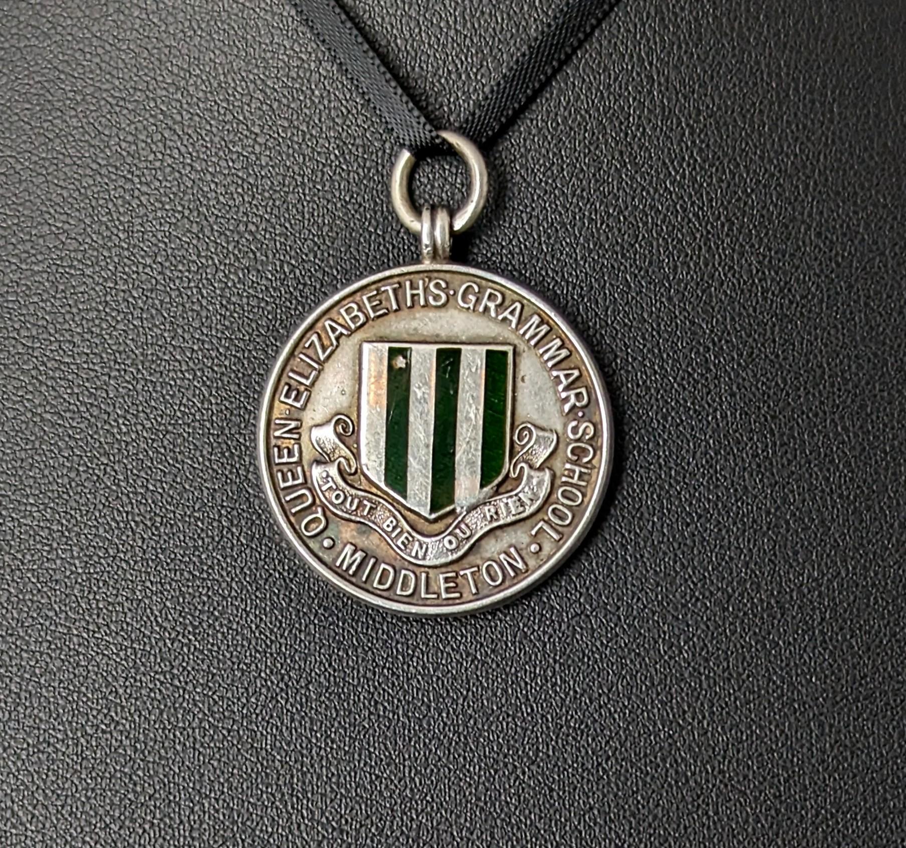 Vintage Art Deco silver and enamel fob pendant, School sports 10