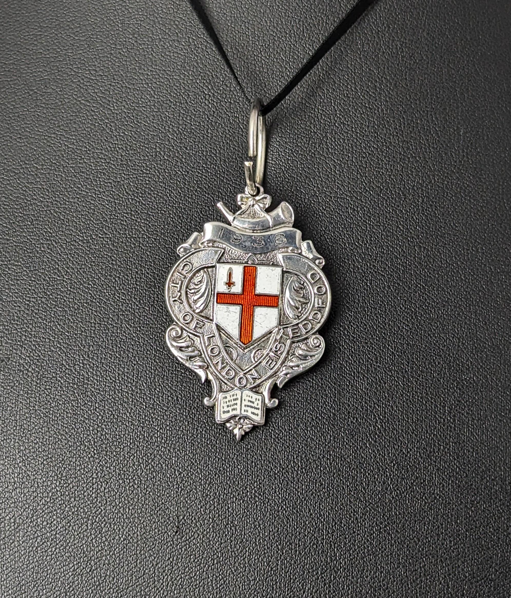 Women's or Men's Vintage Art Deco silver and enamel watch fob pendant, Eisteddfod  For Sale
