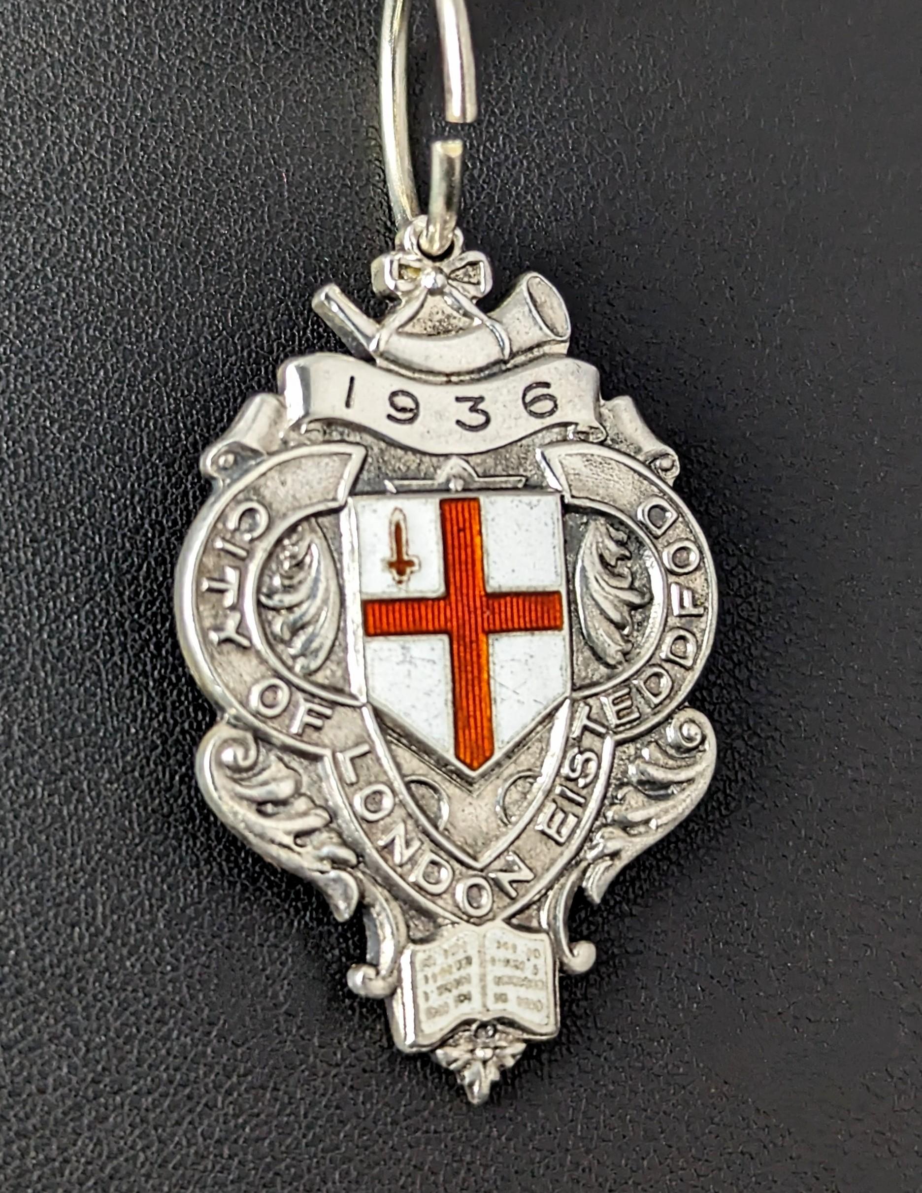 Vintage Art Deco silver and enamel watch fob pendant, Eisteddfod  For Sale 4