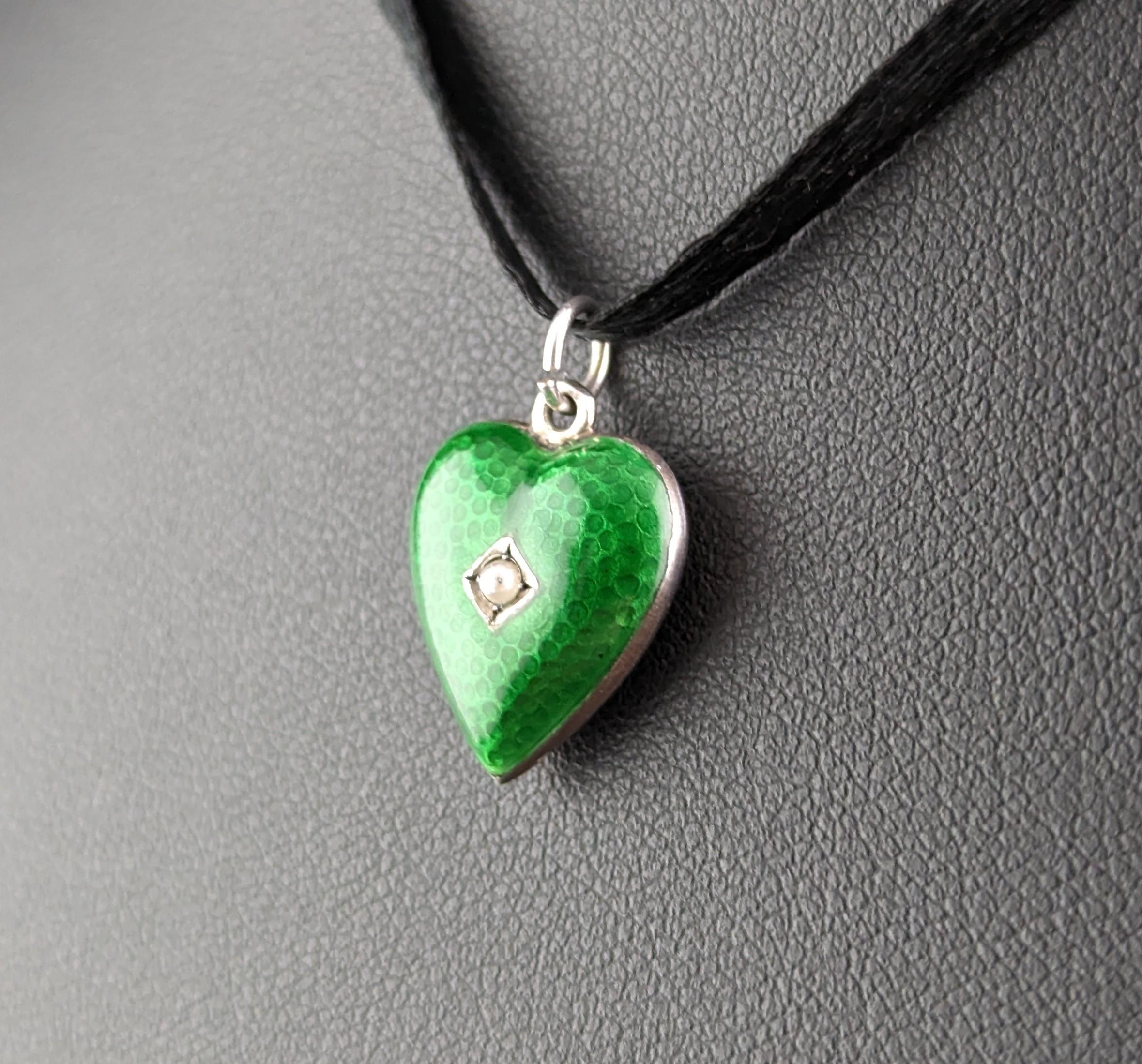 Cabochon Vintage Art Deco Silver and Green Enamel Heart Pendant, Seed Pearl