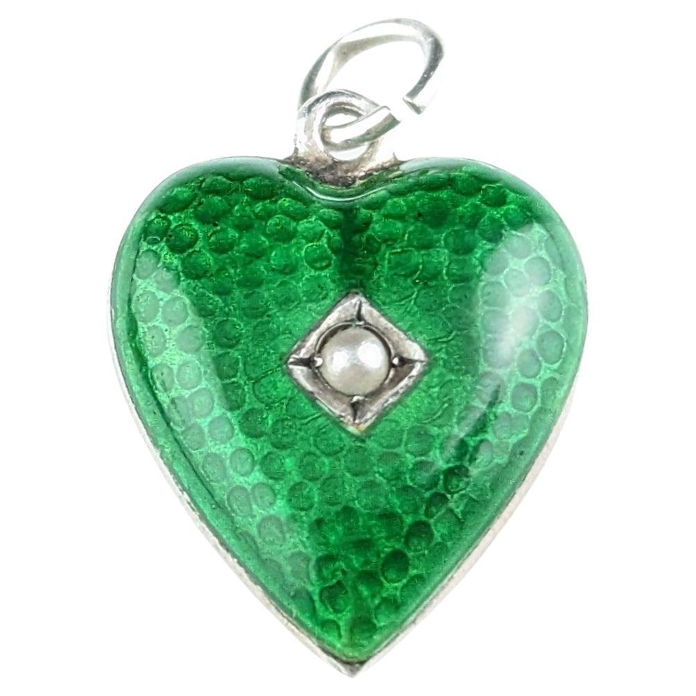 Vintage Art Deco Silver and Green Enamel Heart Pendant, Seed Pearl