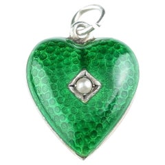 Antique Art Deco Silver and Green Enamel Heart Pendant, Seed Pearl