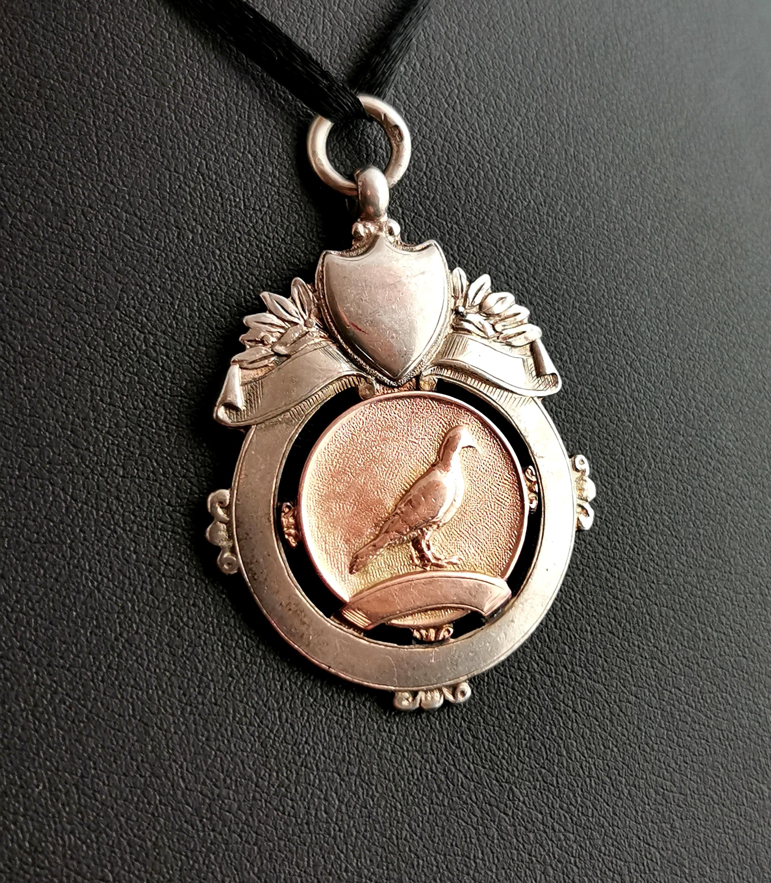 Vintage Art Deco silver and Rose gold fob pendant, watch fob, Pigeon  In Good Condition In NEWARK, GB