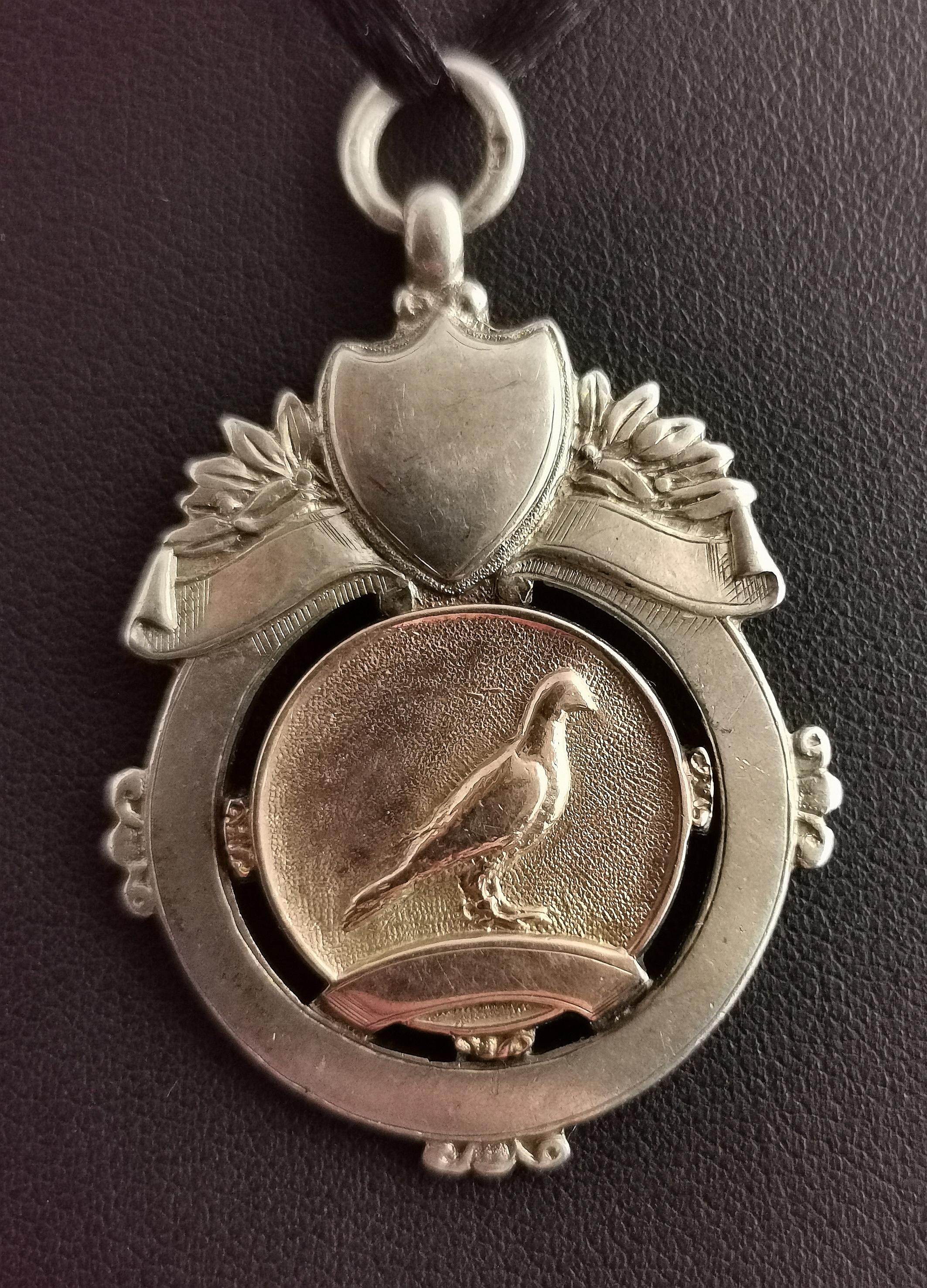 Vintage Art Deco silver and Rose gold fob pendant, watch fob, Pigeon  5