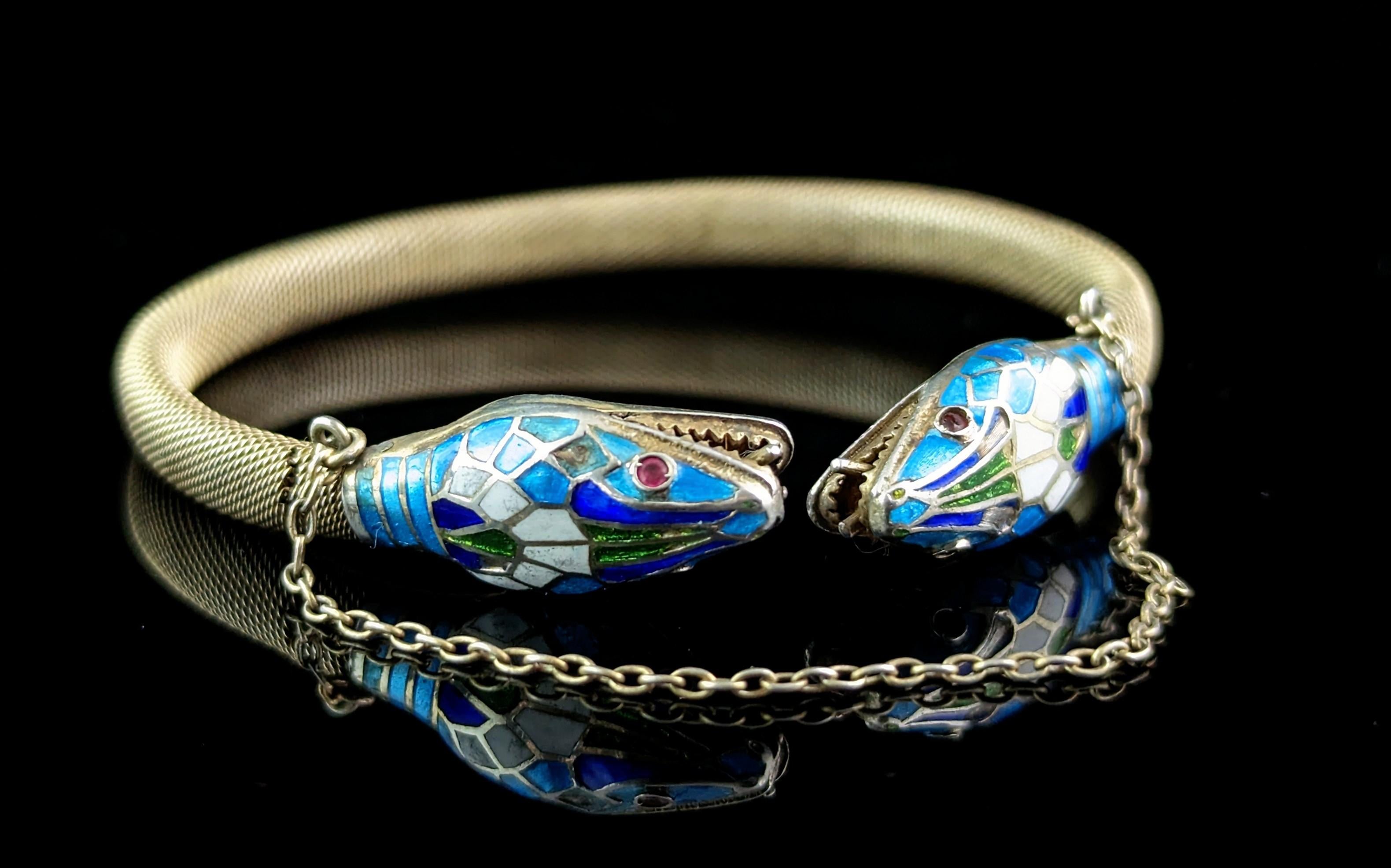Vintage Art Deco silver gilt and enamel snake bangle, bracelet, Egyptian revival 5