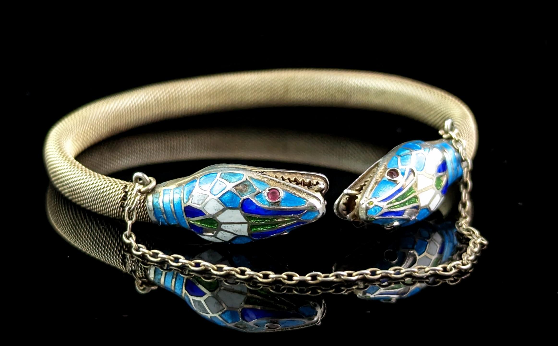 You can't help but be charmed by this truly amazing vintage double snake bangle.

Designed in the Egyptian revival manner it has decorative finials each designed as a snakes head, very well detailed and each is decorated with beautiful cloisonne