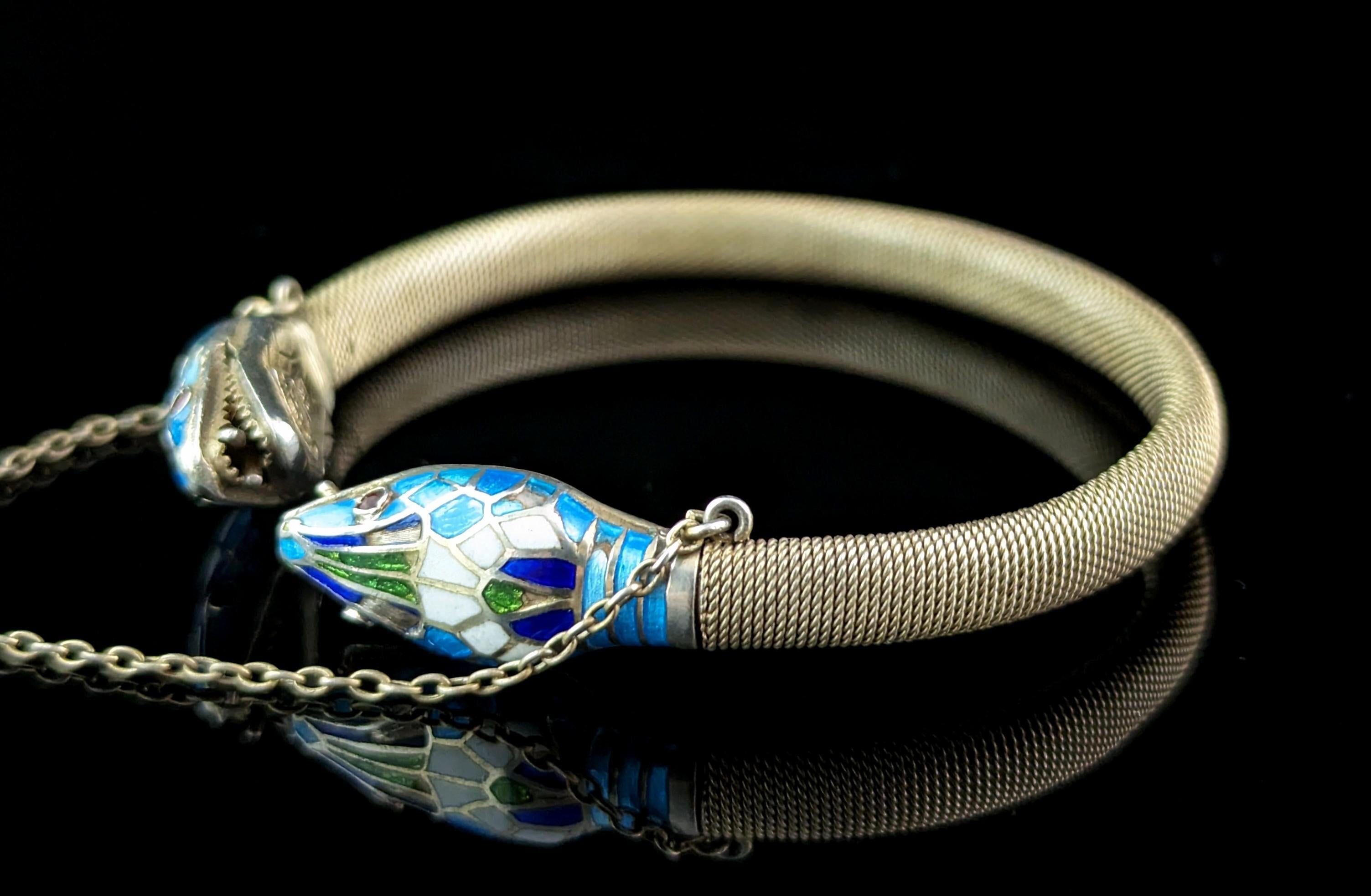 Egyptian Revival Vintage Art Deco silver gilt and enamel snake bangle, bracelet, Egyptian revival