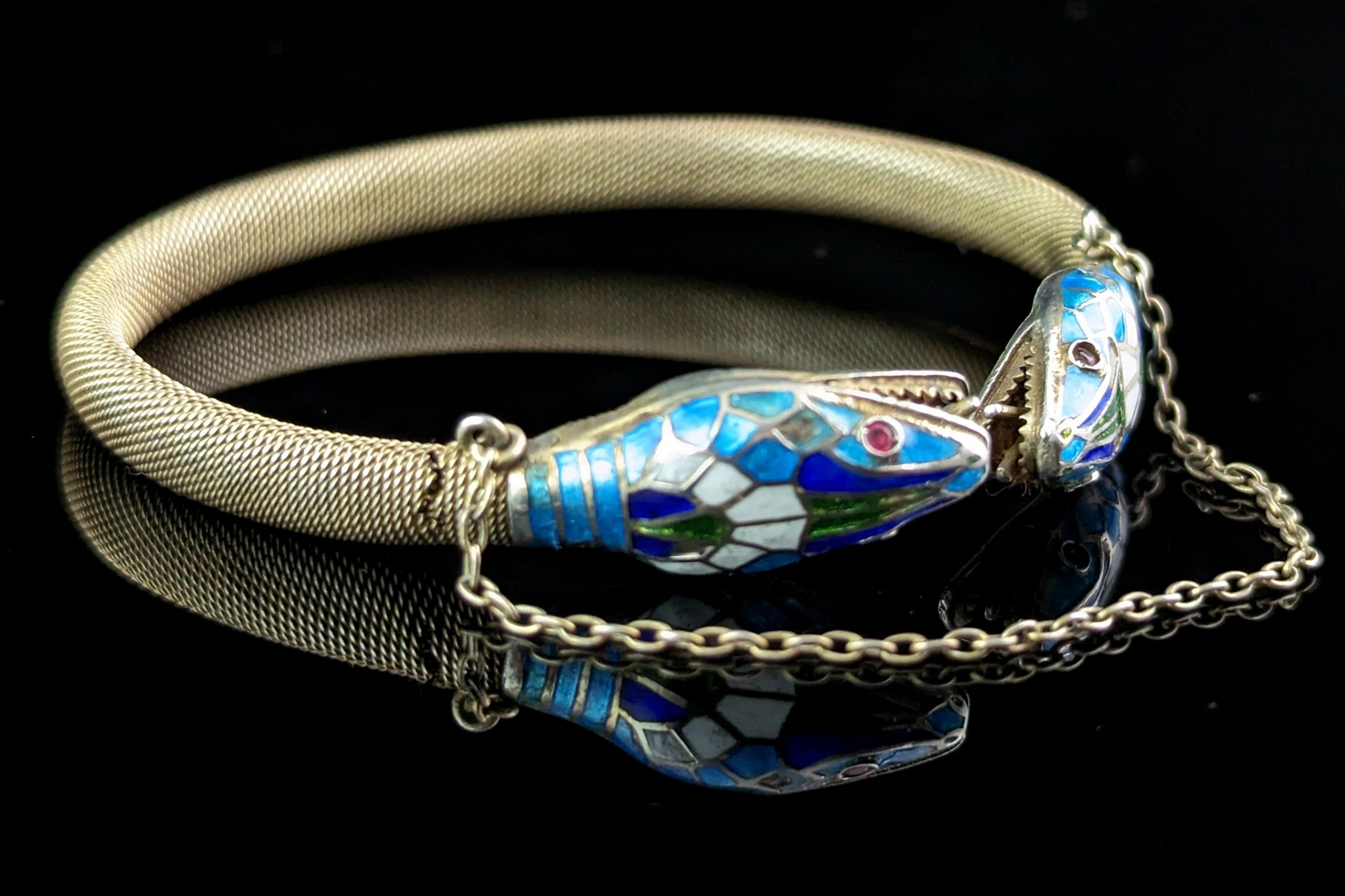 Vintage Art Deco silver gilt and enamel snake bangle, bracelet, Egyptian revival In Fair Condition In NEWARK, GB