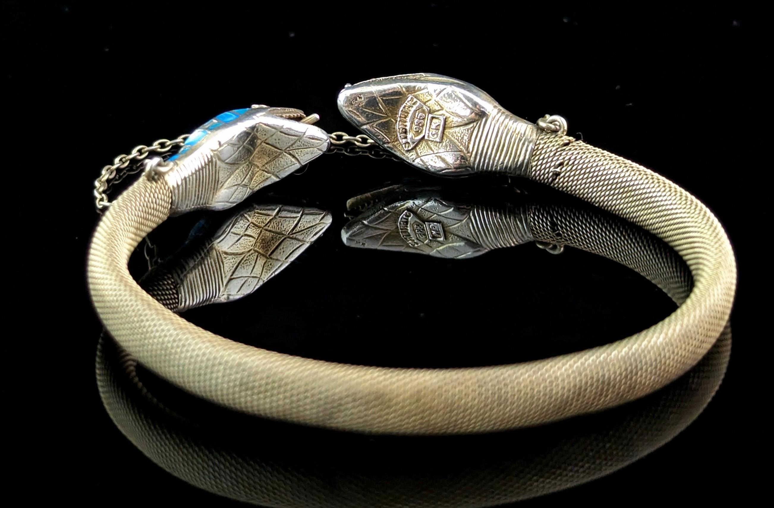 Vintage Art Deco silver gilt and enamel snake bangle, bracelet, Egyptian revival 2