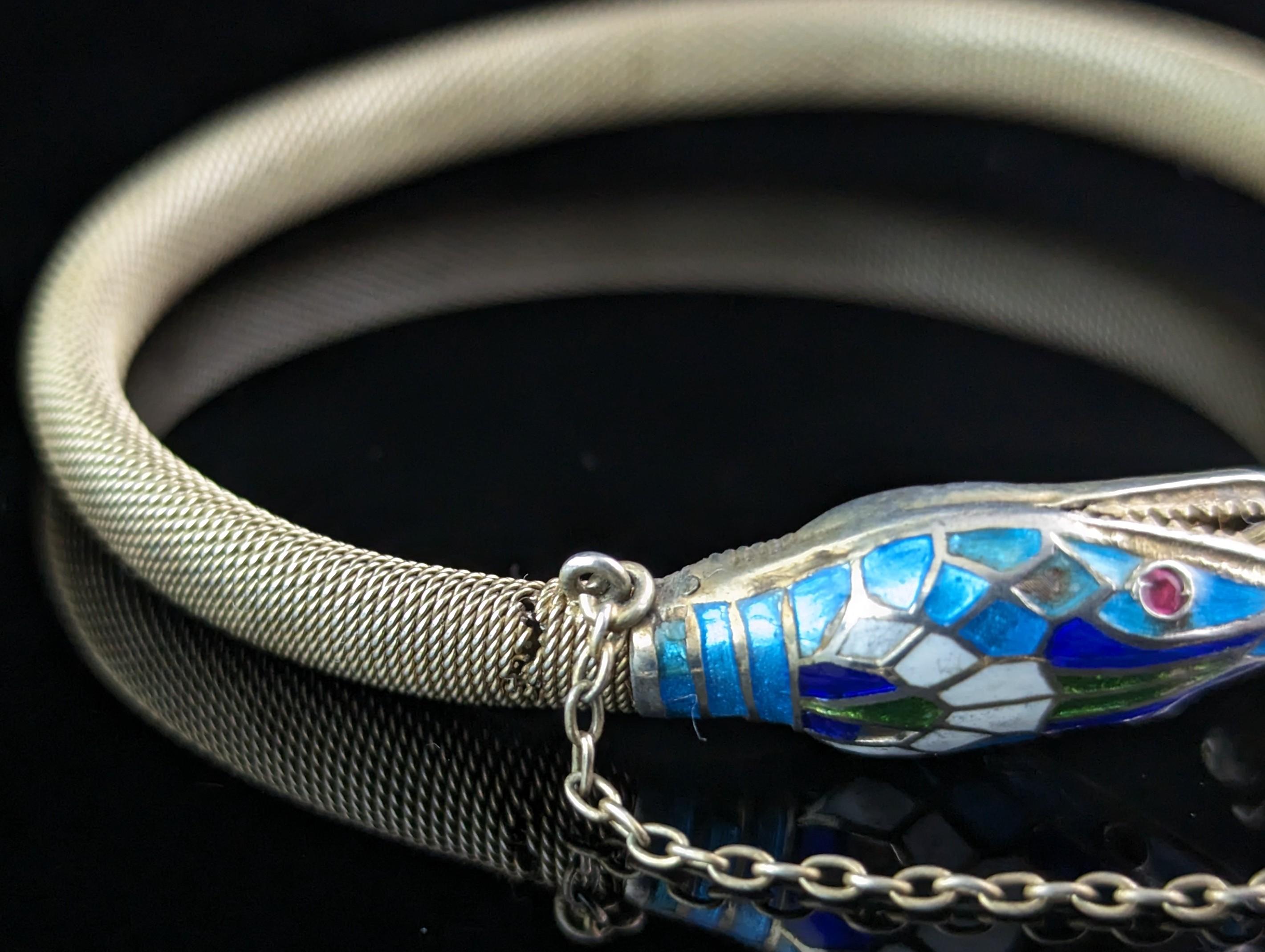 Vintage Art Deco silver gilt and enamel snake bangle, bracelet, Egyptian revival 3