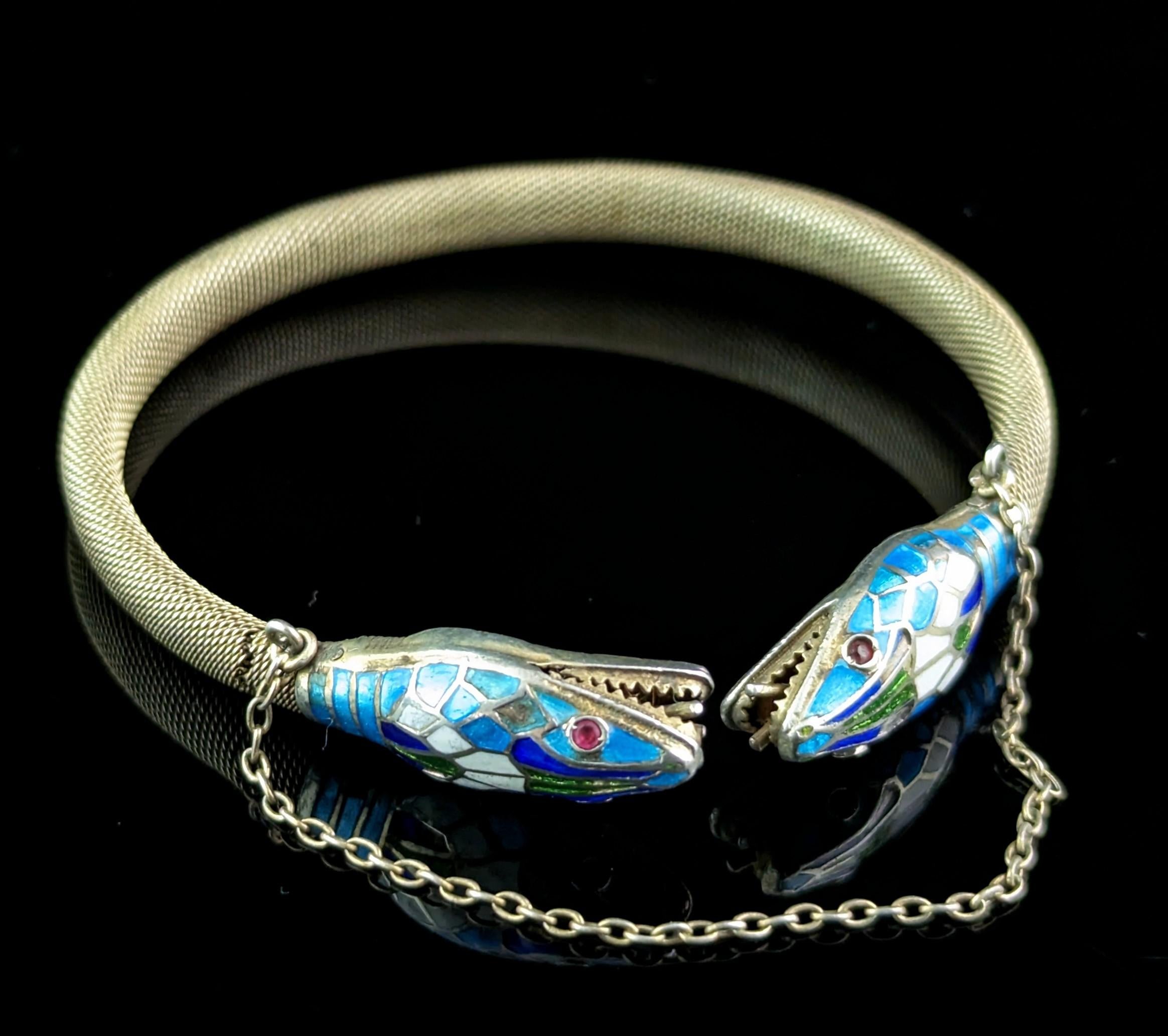 Vintage Art Deco silver gilt and enamel snake bangle, bracelet, Egyptian revival 4