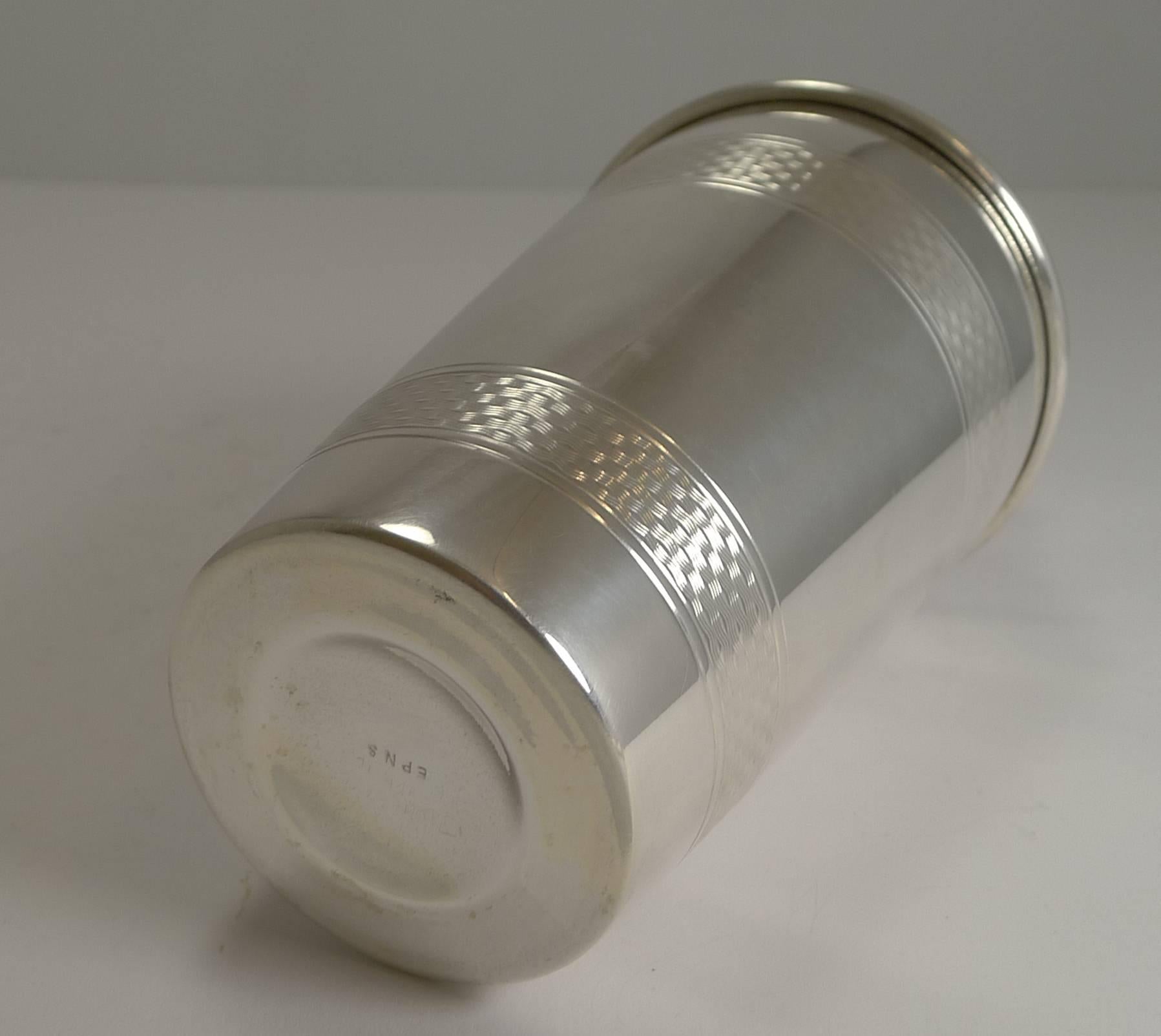 Vintage Art Deco Silver Plated Cocktail Shaker, Engine Turned Decoration In Excellent Condition In Bath, GB