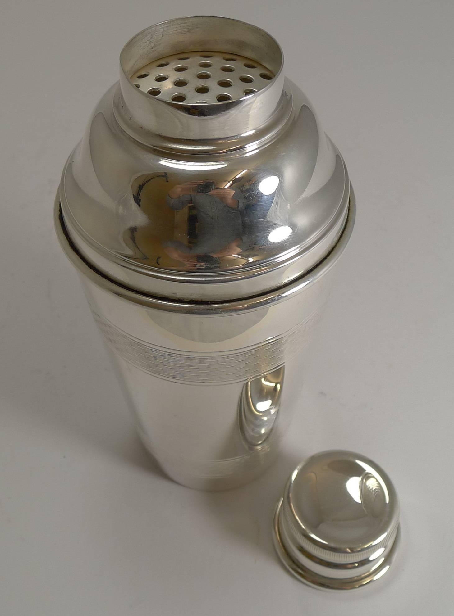 20th Century Vintage Art Deco Silver Plated Cocktail Shaker, Engine Turned Decoration