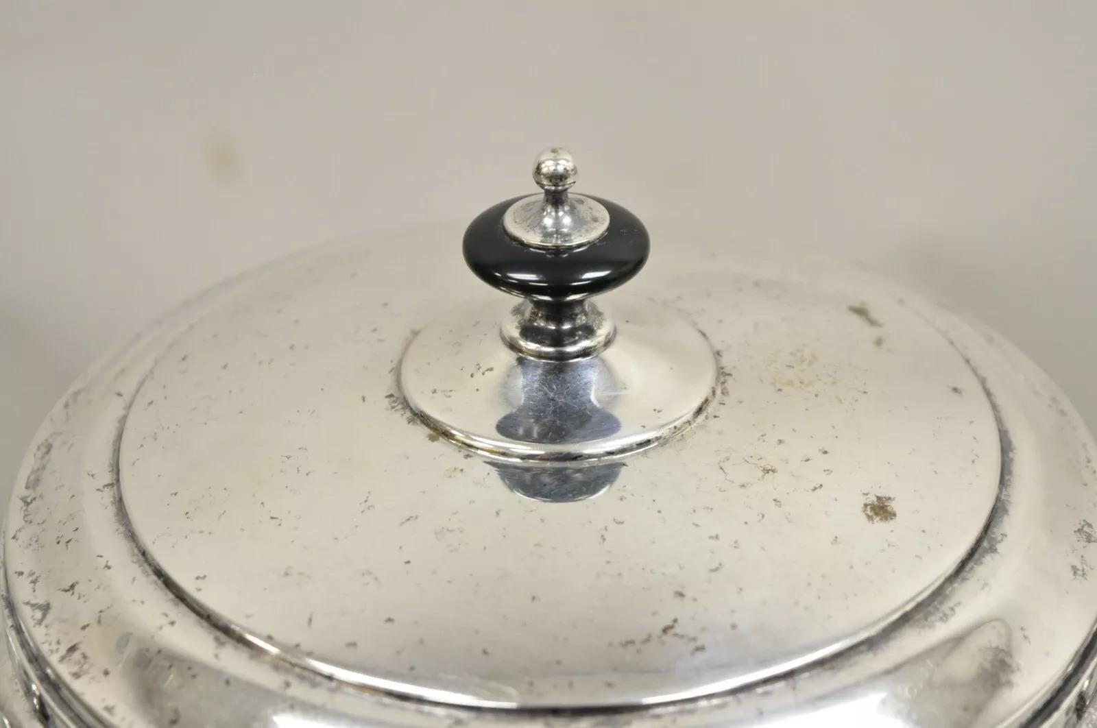 Vintage Art Deco Silver Plated Glass Lined Lidded Ice Bucket by Crescent. Circa Mid 20th Century. Measurements: 9