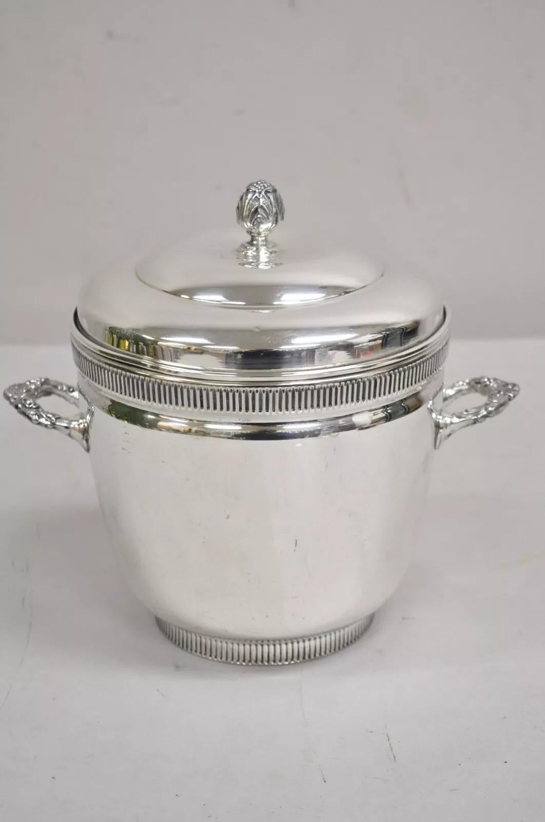 Vintage Art Deco Silver Plated Glass Lined Lidded Ice Bucket by Federal Silver Co. Circa Mid 20th Century. Measurements: 9