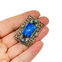 Vintage ART DECO silver tone blue glass brooch