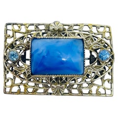 Vintage ART DECO silver tone blue glass brooch