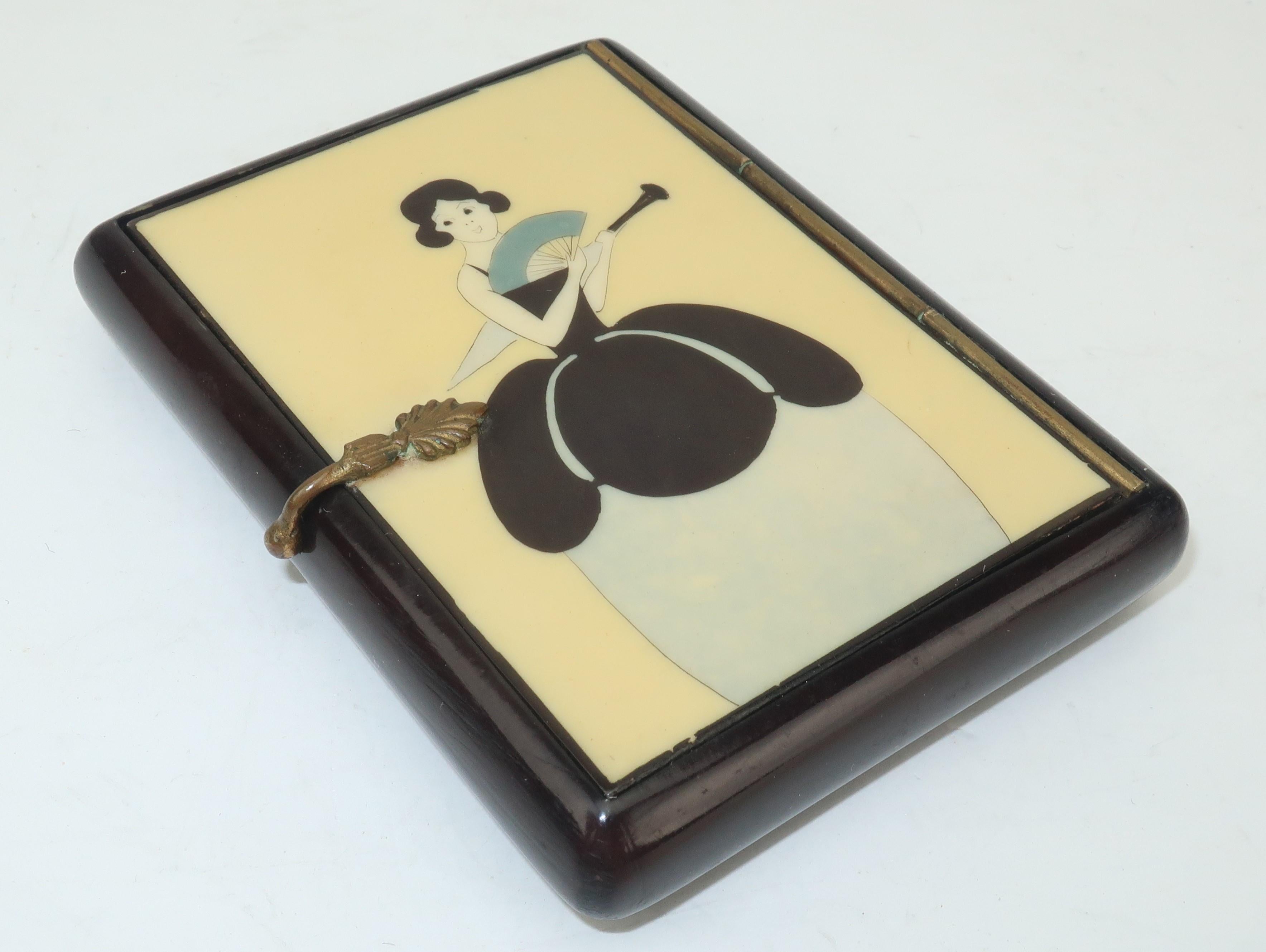 Brown Vintage Art Deco Small Lacquered Wood Box With Stylized Lady
