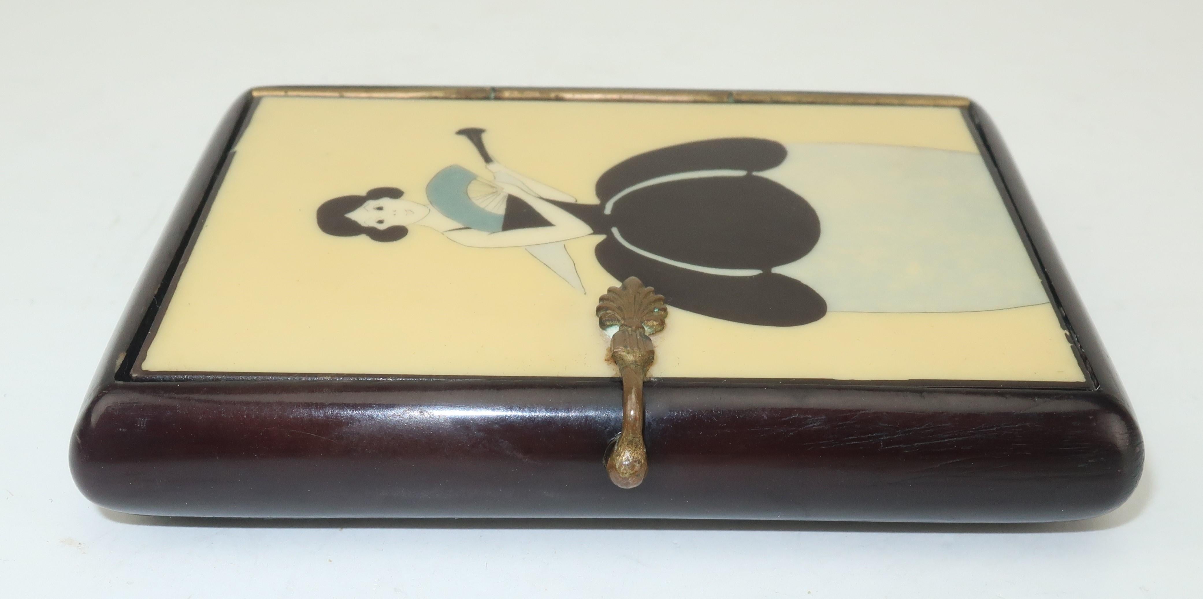 Women's Vintage Art Deco Small Lacquered Wood Box With Stylized Lady