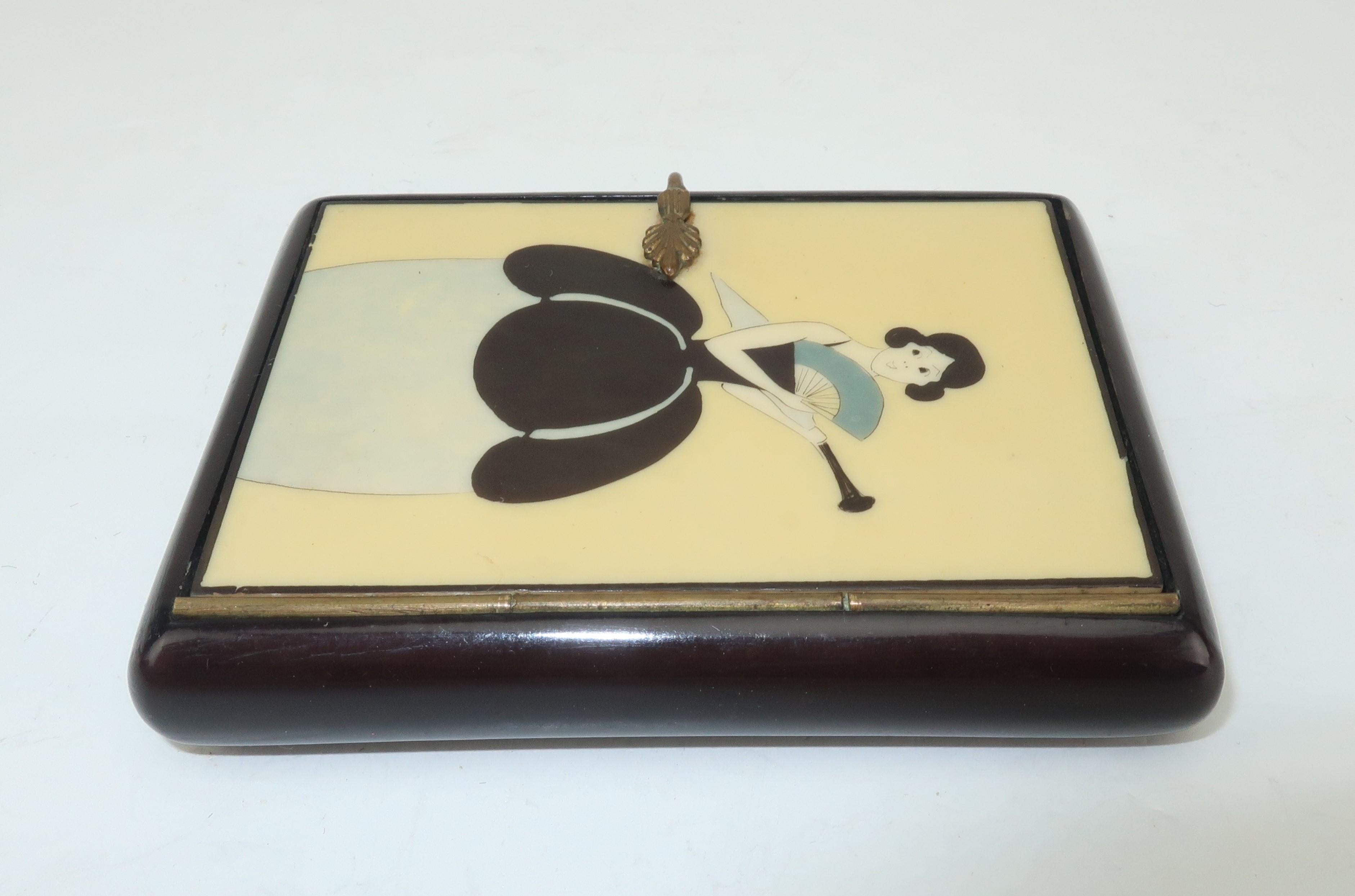 Vintage Art Deco Small Lacquered Wood Box With Stylized Lady 3