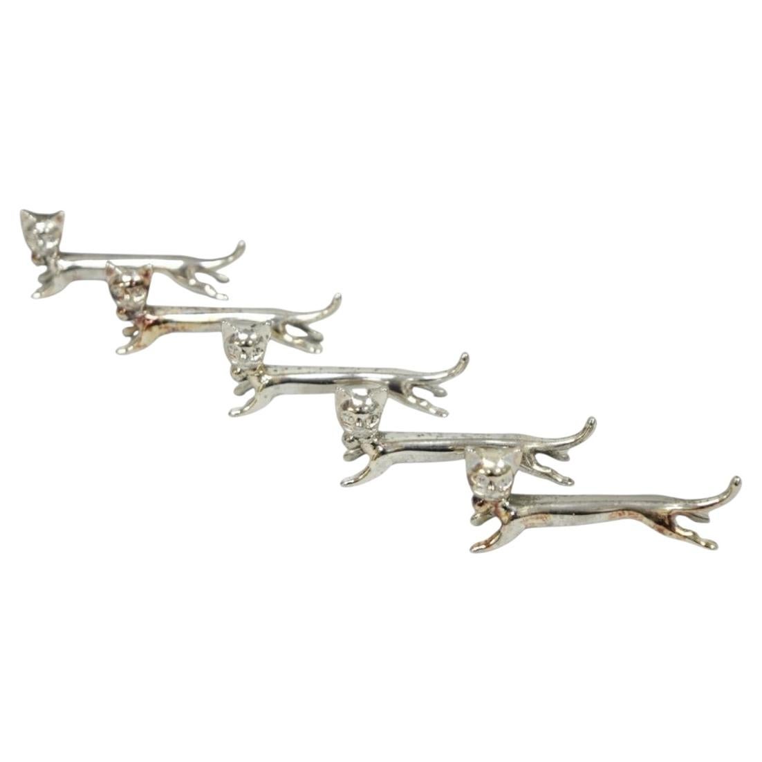 Vintage Art Deco Small Silver Plated Metal Figural Cat Knife Rests - Set of 5