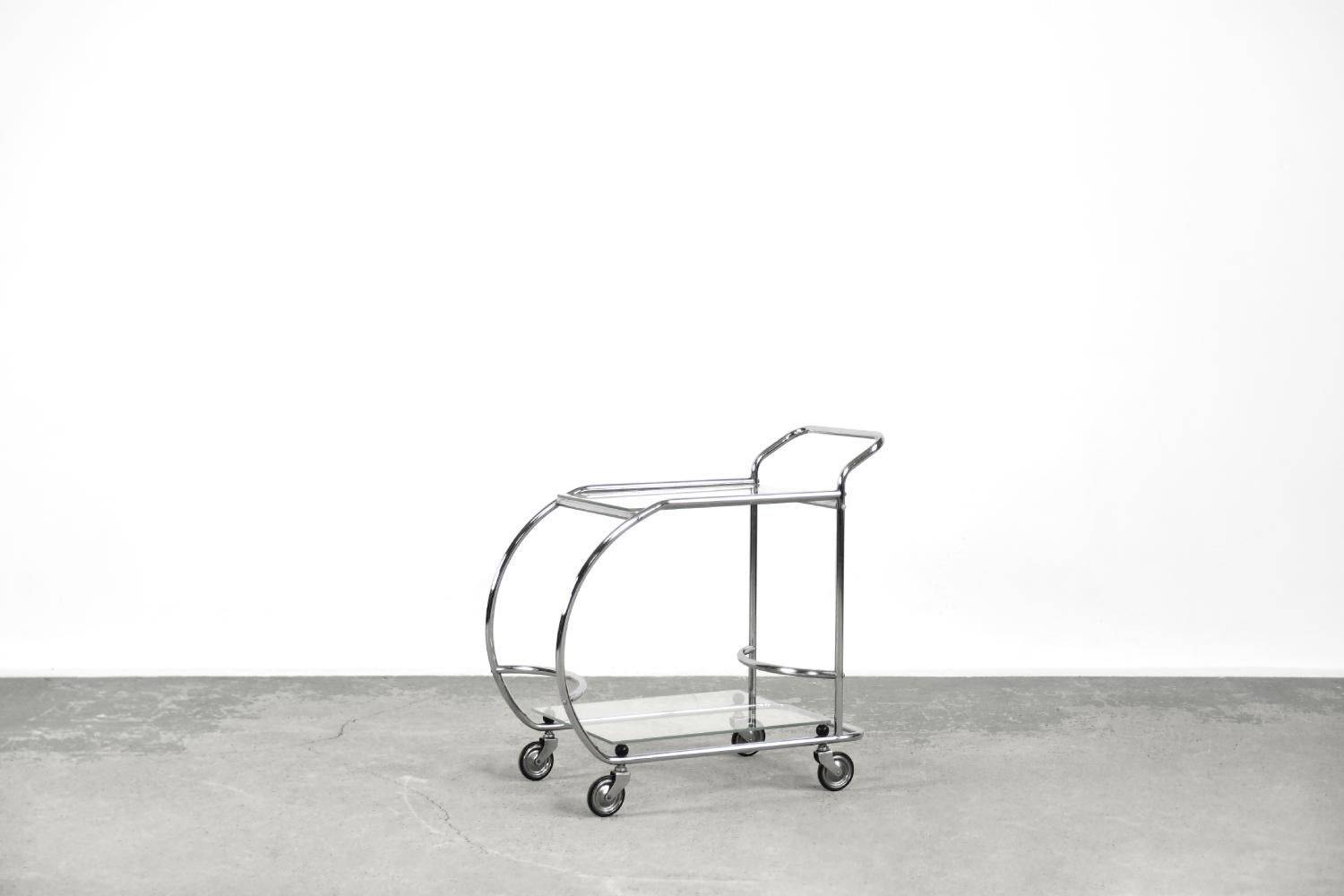 Unknown Vintage Art Dèco Small Tubular Steel Chrome Plated and Glass Bar Cart, 1950s For Sale