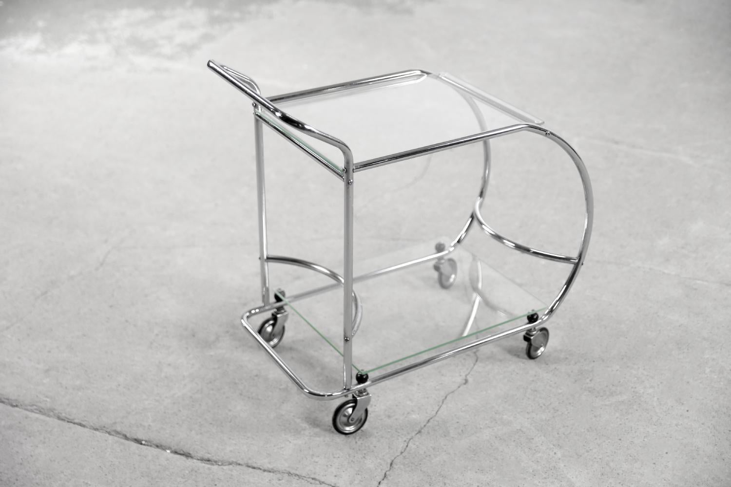 Vintage Art Dèco Small Tubular Steel Chrome Plated and Glass Bar Cart, 1950s For Sale 1