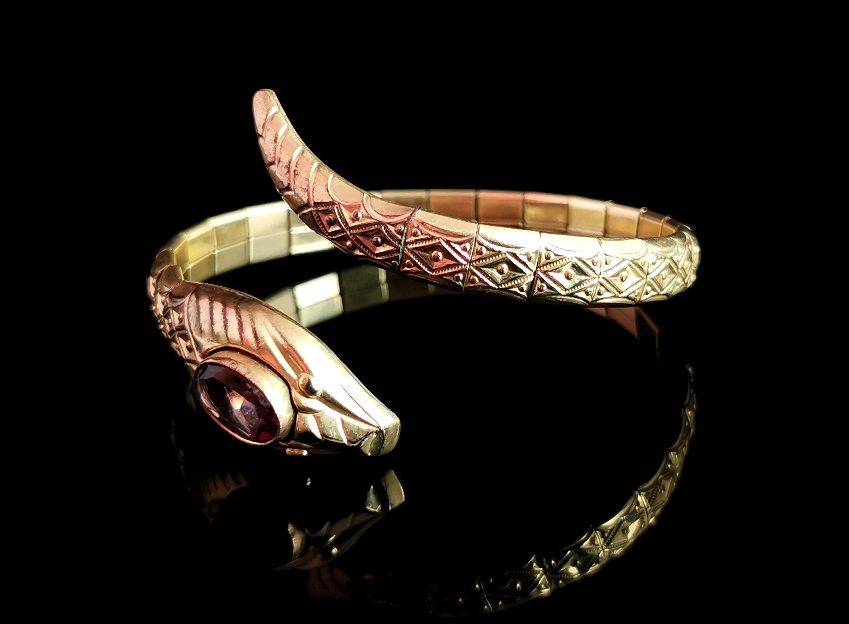 Vintage Art Deco snake bangle, rolled gold, Amethyst paste, Andreas Daub  8