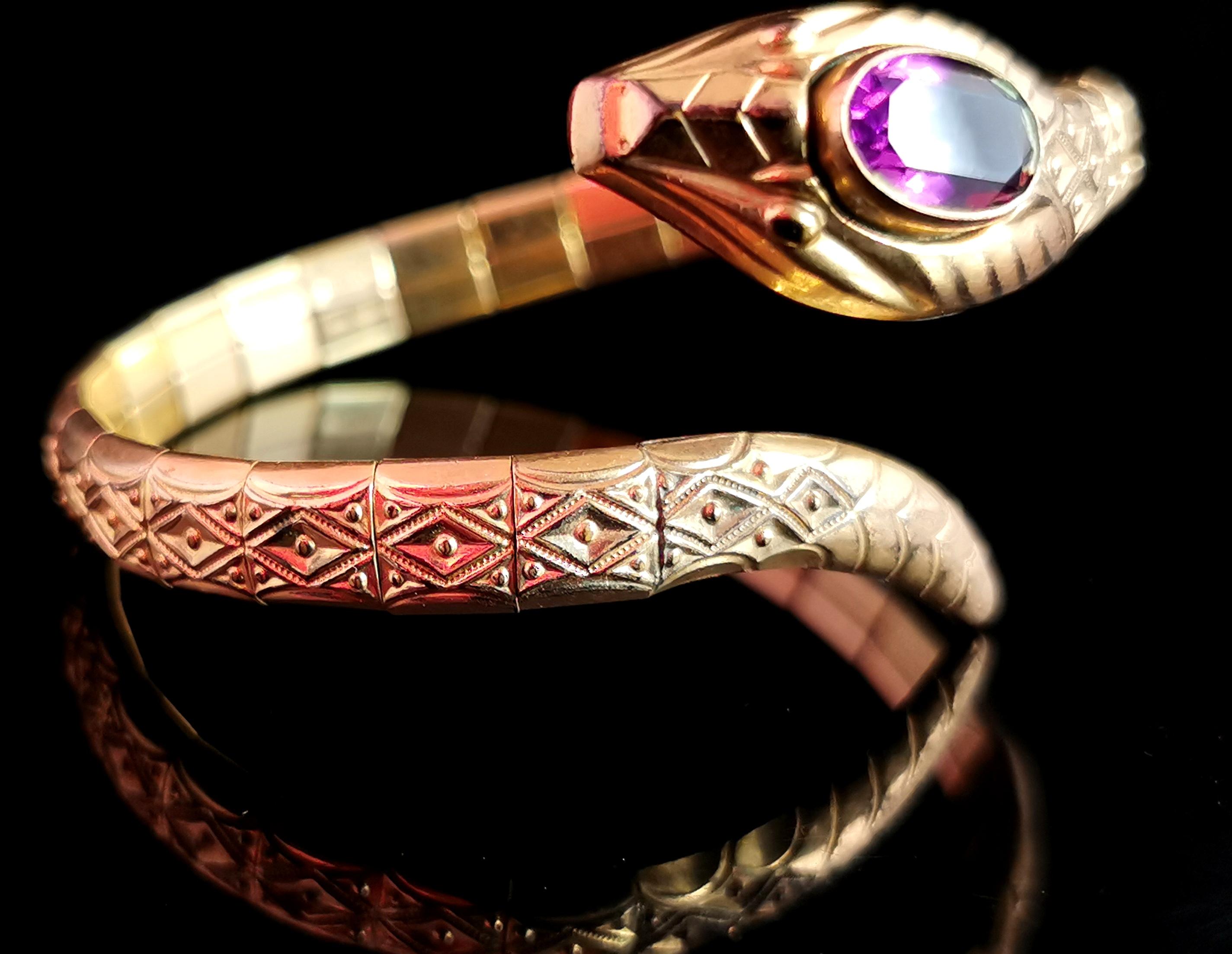  Bracelet jonc serpent Art déco vintage, or roulé, pâte d'améthyste, Andreas Daub Pour femmes 