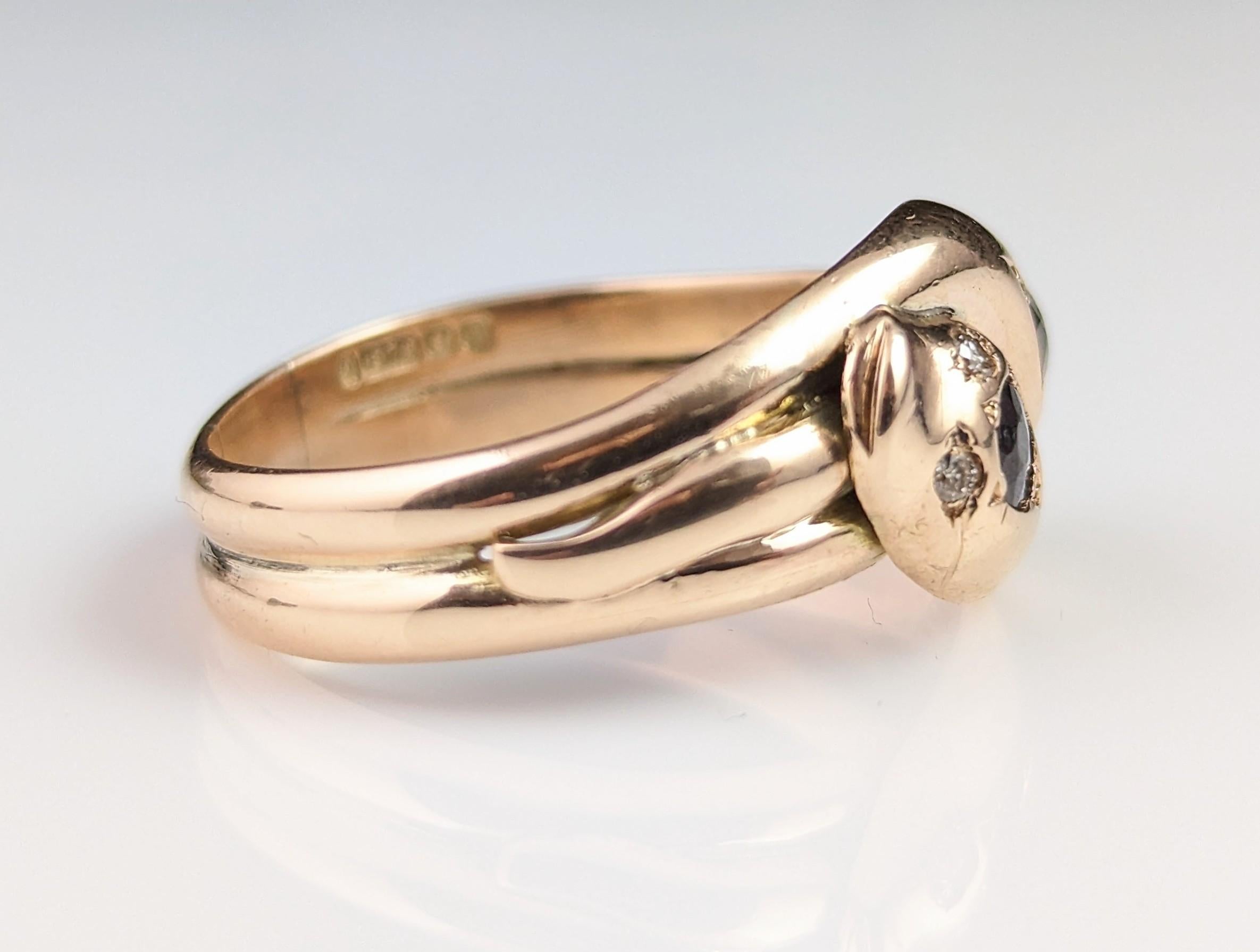 Vintage Art Deco Snake Ring, Garnet and Diamond, 9k Gold 7