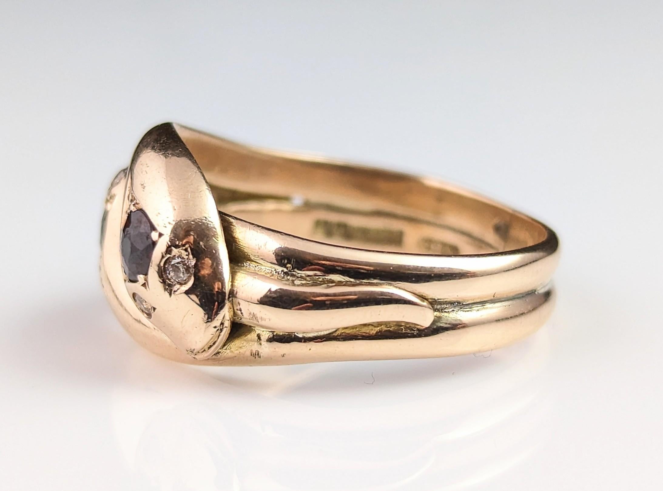 Vintage Art Deco Snake Ring, Garnet and Diamond, 9k Gold 8