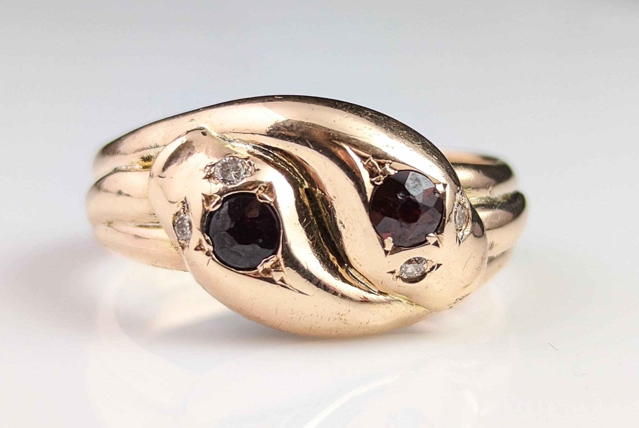 Vintage Art Deco Snake Ring, Garnet and Diamond, 9k Gold 11