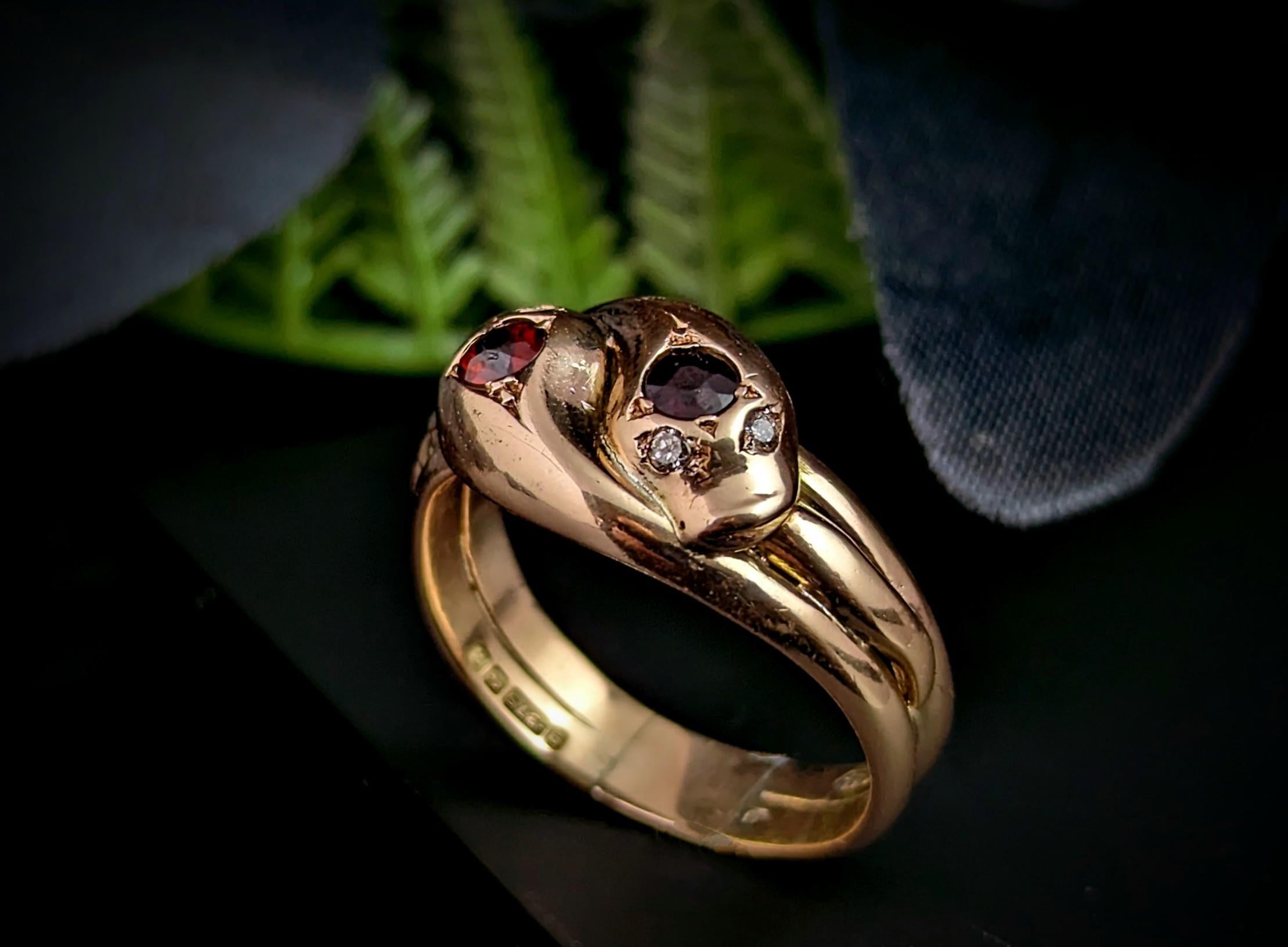 Round Cut Vintage Art Deco Snake Ring, Garnet and Diamond, 9k Gold