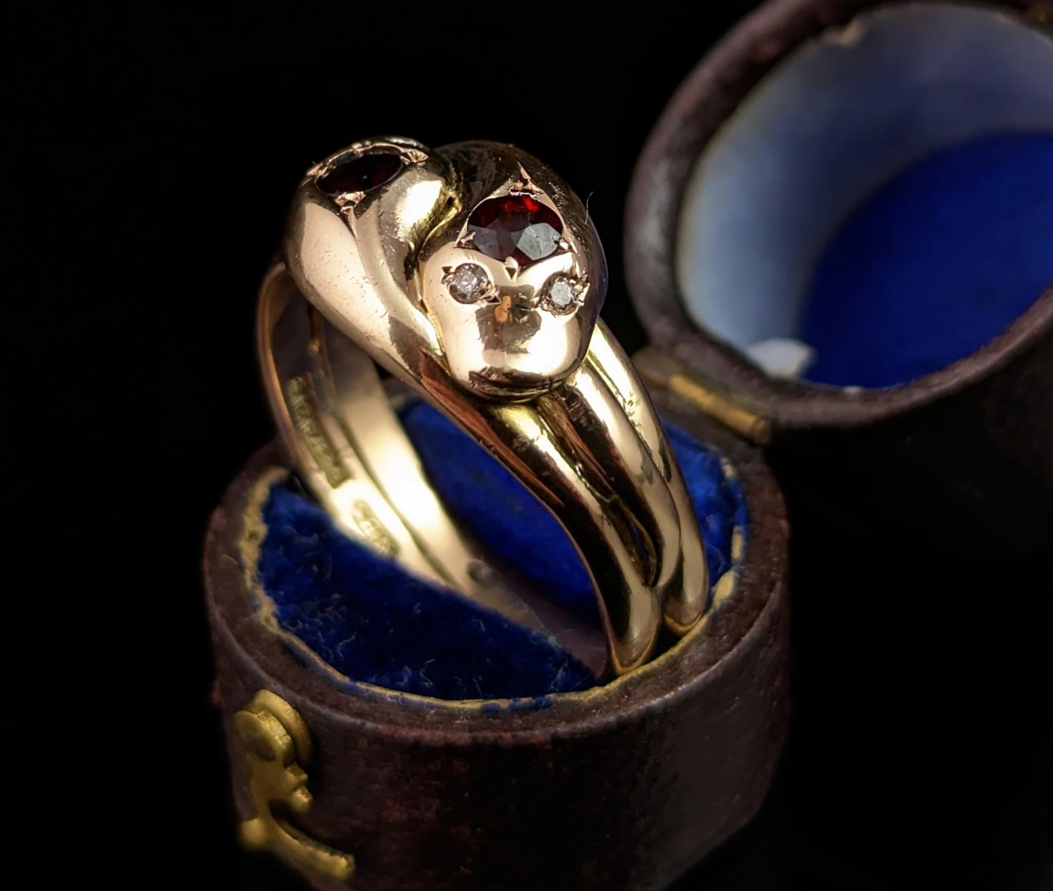 Women's or Men's Vintage Art Deco Snake Ring, Garnet and Diamond, 9k Gold